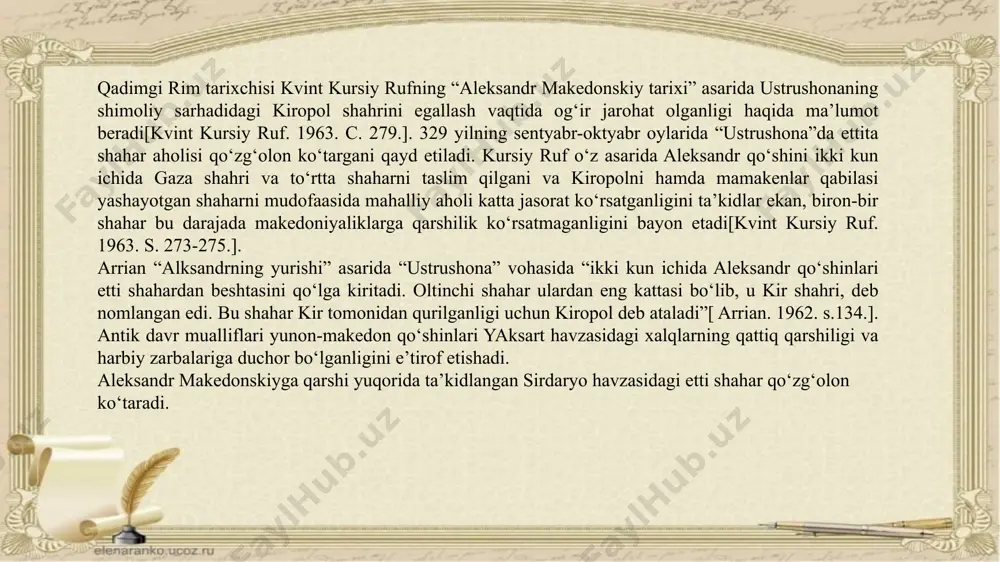 monidan bitilgan “shimoliy xonadonlar tarixi” - bey-shi (336-581-yillar) ning 97-bobida ustrushona nomi ilk marotaba “suduyshona” tarzda keltirilgan. bundan tashqari, bu mamlakatda qazib olinayotgan oltin, temir, oniks ma’danlari, desi ruhiga sig‘inuvchi aholining turmushi, hayot tarzi haqida qimmatli ma’lumotlarni qayd etgan.bu viloyatda g‘arbiy dengiz (kaspiy)dan sharqda joylashgan barcha xalqlar e’tiqod qiluvchi «desi ruhi»ga ibodat qiladilar. “tan sulolasi tarixi” – tan-shu (618-907-yillar) ning 1060-yilda muallif ou yanayu tomonidan qilingan ikkinchi tahriri 221-bobida birinchi marta ustrushona mamlakatiga qisqacha ta’rif va tavsif berilgan. bu ma’lumotlarda, avvalo, ustrushona, mamlakatining bir necha variantlarda o‘qiladigan nomlari (shuaydushana, sudulishena, sharqiy sao....) keltirilgan, qolaversa, ustrushonadan qo‘shni viloyatlargacha bo‘lgan masofalar, ilohiylashtirilgan g‘or va unga sig‘inuvchi odamlar, atroflicha bo‘lsada, arab istilosiga qarshi kurashning qisqa voqealariga doir siyosiy hayot – mamlakat hukmdori she axu haqidagi fikrlar bayon etilgan[pardaev, g‘ofurov, 2016, 14-bet.]. taniqli ustrushonashunos olim, akademik n.negmatovning fikricha, bu davrda she axu ustrushona hukmdori bo‘lmagan, balki xuttal taxtining vorisi sanalgan ushbu tarixiy shaxs ustrushonaning …