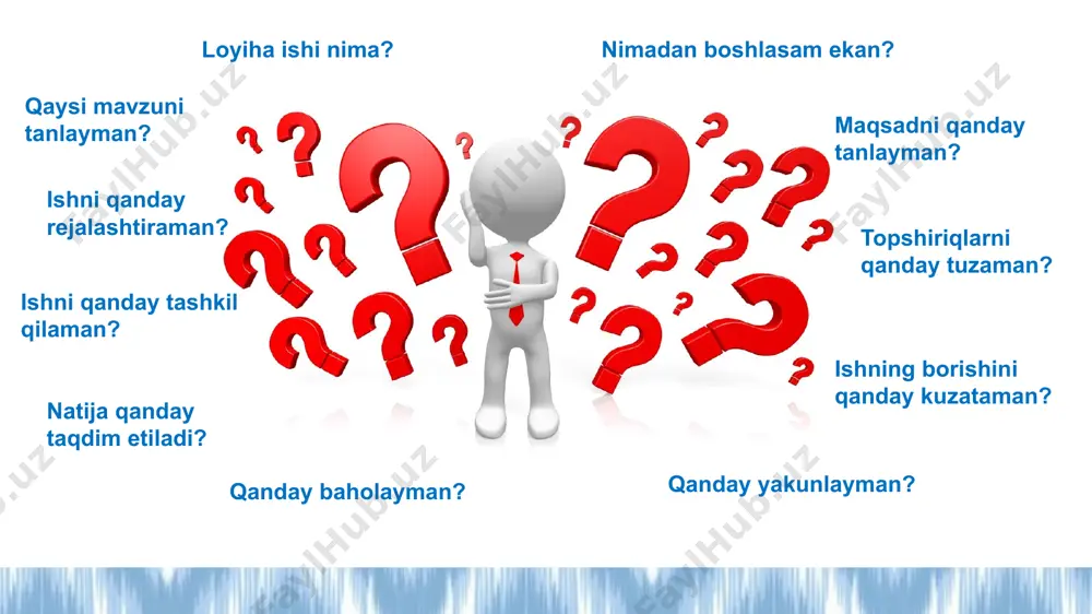 h mumkin? qanday ekologik choralar orqali bu muammoni kamaytirish mumkin? bosqich faoliyat turi 1. ma’lumot to‘plash internet, oav, ekologiya vazirligi hisobotlari, iqair, uzgidromet ma’lumotlari 2. kuzatuv-tahlil google maps + air quality index (aqi) xaritalari asosida eng iflos zonalarni aniqlash 3. eksperiment (ixtiyoriy) chang tutuvchi a4 qog‘ozlar, o‘lchov varaqalari, harorat/quruqlik o‘lchovlari 4. diagramma/grafik havoning ifloslanish darajasi, harorat, transport oqimi grafiklari 5. so‘rovnoma o‘tkazish toshkentda havo sifati: fuqarolar fikri va muammoga munosabat 6. tavsiyalar ishlab chiqish daraxt ekish, veloyo‘lak, gazsizlik zonalar, ekologik transport, xabardorlik kompaniyasi tadqiqot metodologiyasi natijalarni taqdim etish shakli: taqdimot (powerpoint / canva); grafik va jadval asosida taqqoslama tahlil; poster / infografika; videorolik (ixtiyoriy); tavsiya xat (mahalla, maktab, hokimiyatga). loyiha yakunida kutilayotgan natija: 1. muammoni aniqlaydi va sababini asoslaydi. 2. so‘rovnoma va kuzatish asosida ma’lumot yig‘adi. 3. statistik va grafik tahlil qiladi. 4. fanlararo bog‘lanishlarni aniqlaydi. 5. ekologik fikr va fuqarolik mas’uliyatini namoyon etadi. 6. ijodiy yakuniy mahsulot yaratadi. 7. …