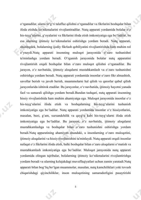 mkoniyatiga ega bo‘ladilar. muloqot jarayonida nutq apparati yordamida olingan tajribalar, bolalarning ijtimoiy ko‘nikmalarini rivojlantirishga yordam beradi va ularning kelajakdagi muvaffaqiyatlari uchun zamin yaratadi.nutq apparati bilan bog‘liq bo‘lgan muammolar, masalan, nutq kamchiliklari yoki tovush chiqarishdagi qiyinchiliklar, inson muloqotining samaradorligini pasaytirishi mumkin. bu holatlarda, nutq apparatini rivojlantirishga qaratilgan maxsus dasturlar va yondashuvlar ishlab chiqilishi zarur. nutq kamchiliklari bo‘lgan bolalar uchun individual yondashuvlar va metodlar yordamida ularning nutq apparatini rivojlantirish va muloqot ko‘nikmalarini oshirish mumkin. bu jarayon, bolalarning o‘zlariga bo‘lgan ishonchlarini oshirish, ijtimoiy aloqalarda muvaffaqiyat qozonishlariga yordam beradi. [2: jabborova, m. (2022). bo‘lajak pedagoglarni tayyorlash tizimida malakaviy amaliyotning roli. scientific progress, 3(4), 167-173.] natijada, nutq apparati inson muloqotida muhim ahamiyatga ega bo‘lib, u fikrlarni ifoda etish, his-tuyg‘ularni tushunish va ijtimoiy aloqalarni mustahkamlashda zarur vosita hisoblanadi. nutq apparatini rivojlantirishga qaratilgan yondashuvlar va metodlar, insonlarning ijtimoiy hayotida muvaffaqiyat qozonishlariga yordam berishi, shuningdek, o‘zaro tushunishni oshirishga xizmat qilishi mumkin. nutq apparatining ahamiyatini e'tiborga olish va uni …