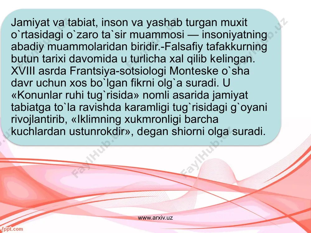 sitalarni yuzaga kеltirdi. inson fan-tsxpika inkilobi natijasida tabiat munosabat borasidagi erkinlikda yangi boskichga kutarildi, natijada u uziga ilgari buysunmagan kupgina kuchlarni jilovlab oldi. www.arxiv.uz tamom e`tiboringiz uchun raxmat image1.jpeg