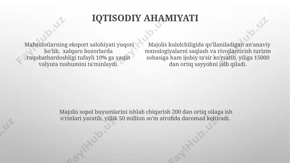 bu sifatning barqarorligini ta'minlaydi. mayolis uchun tanlangan xom ashyo mineral tarkibi bo'yicha 5 bosqichli sinovdan o'tadi, bunda uning yonish temperaturasi va rangining barqarorligi tekshiriladi. xom ashyoning tanlanishi jarayonida 100 dan ortiq namunalar tahlil qilinadi va shundan faqat 20% i majolis'ning yuqori standartlariga javob beradi. kolleksiyalar va muzeylar “kolleksiyalar va muzeylar” bo'limida namoyish etilayotgan majolika buyumlarining taxminan 70 foizi milliy merosimizning ajralmas qismi hisoblanadi va ularning tarixiy ahamiyati yuqori. muzey eksponatlari orasida turli xil uslublar va texnikalar – kashtachilik, naqshinkorlik, rang-baranglik jihatidan noyob 25 dan ortiq qadimiy majolika idishlarini ko'rish mumkin. majolis'ning "kolleksiyalar va muzeylar" bo'limida 100 dan ortiq noyob majolika buyumlari namunalari, shu jumladan, 18-asrga oid qimmatli asarlar saqlanadi. majolis sovg'alari va suvenirlari sovg'a va suvenirlar assortimentiga qo'lda bo'yalgan 50 dan ortiq turdagi kichik hajmli (diametri 5-15 sm) suvenir idishlar, shuningdek, qo'lda ishlangan marjon va sirg'alar kabi zargarlik buyumlari kiradi. majolis ustaxonasida ishlab chiqarilgan sovg'a buyumlarining taxminan 30%i milliy an'analar …