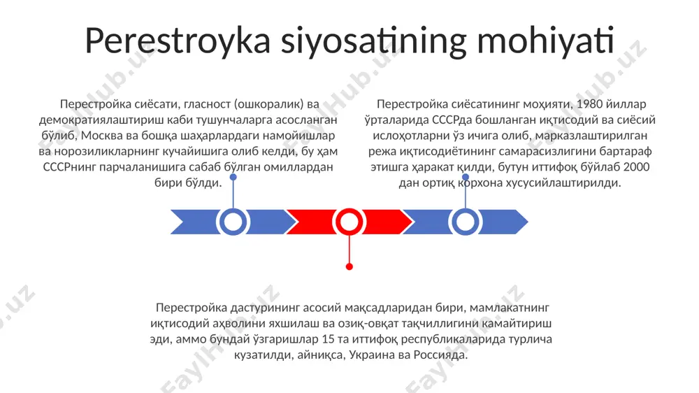 риниши перестройканинг якунини белгилади ва совет иттифоқининг парчаланишига, 15 та мустақил давлатнинг пайдо бўлишига олиб келди, жумладан, ўзбекистон ҳам мустақилликка эришди. перестройканинг иқтисодий ислоҳотлари, хусусан, 1987 йилдаги давлат корхоналари мустақиллигини оширишга қаратилган ҳаракатлар, кўплаб муаммоларни келтириб чиқарди ва халқ хўжалигида самарасизликка олиб келди. perestroyka davridagi inqiroz belgilarining kuchayishi 1980-yillar oxiriga kelib, sssrda inflyatsiya 200% dan oshdi, bu esa oziq-ovqat tanqisligiga va 1990-yilda moskva va boshqa yirik shaharlarda norozilik namoyishlarining kuchayishiga olib keldi. 1990-yil boshida, 15 ta ittifoq respublikasidan 12 tasida millatchilik harakatlari kuchayib, sssrning parchalanishi xavfi 70% ga yetdi, bu esa siyosiy inqirozning chuqurlashuvi belgisi bo'ldi. perestroyka davrida sanoat ishlab chiqarishining pasayishi, ayniqsa, ukraina va rossiyaning janubidagi qishloq xo'jaligidagi inqiroz bilan birga, iqtisodiyotning jiddiy muammolarini ochib berdi. e'tiboringiz uchun rahmat @taqdimot_robot image1.jpeg image2.jpeg