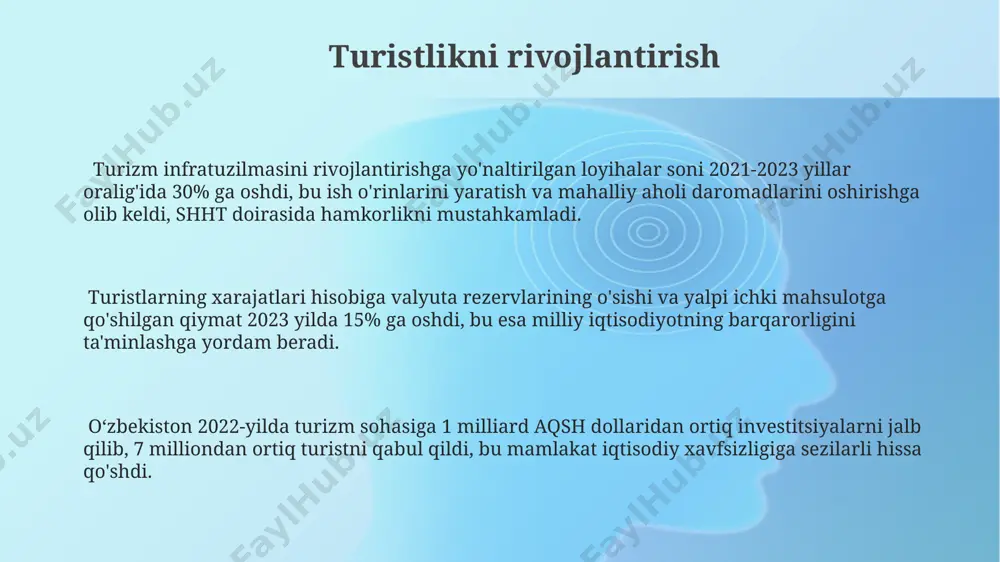 iyalar hajmi 2023-yilning birinchi yarmida 5 milliard dollarga yetdi, bu iqtisodiy xavfsizlikni mustahkamlashga xizmat qiladi. kelajakdagi istiqbollar va rejalari oʻzbekistonning sco doirasida transport-logistika infratuzilmasini rivojlantirishga 10 milliard dollardan ortiq mablagʻ sarflash rejasi mintaqaviy savdo-sotiqni sezilarli darajada oshiradi. mamlakatning 5 ta strategik yoʻnalishini amalga oshirish, jumladan, investitsiyalarni jalb qilish va eksport hajmini 2 barobar oshirish sco hamkorlariga foyda keltiradi. oʻzbekistonning yaimni 2030-yilga kelib 150 milliard aqsh dollariga yetkazish rejalari sco doirasida iqtisodiy xavfsizlikni ta’minlashga sezilarli hissa qoʻshishini koʻzda tutadi. energetika xavfsizligi va hamkorligi sco mamlakatlari oʻrtasida elektr energiyasi va gaz yetkazib berish boʻyicha 10 dan ortiq ikki tomonlama va koʻp tomonlama shartnomalar imzolangan. yangi energiya manbalarini, jumladan quyosh va shamol energiyasini rivojlantirishga 2030-yilgacha 10 milliard dollar miqdorida investitsiyalar kiritilishi rejalashtirilgan. oʻzbekistonning sco doirasida energetika xavfsizligini taʼminlashga qaratilgan saʼy-harakatlari 2022-yilda 50 mlrd. kvt/soat elektr energiyasi ishlab chiqarishni oʻz ichiga oladi. moliya-bank sohasidagi hamkorlik shht doirasida o'zbekistonning moliyaviy-bank sohasidagi hamkorligi 2022 yilda 500 …