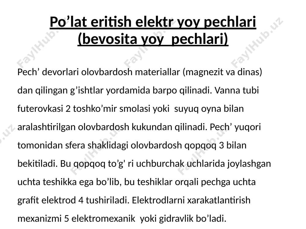 15 - 120 furnace capacity as per melted steel, t диаметр электродов, мм 610 electrode diameter, mm объем рабоч. про-странства печи, м3 110 furnace working chamber volume, m3 максимальный ток электрода, ка 65 maximum electrode current, ka число фаз 3 number of phases устан.мощность печного трансфор-матора , мва 75 rated capacity of the furnace transformer,мva производительно-сть печи, т/час 109.1 furnace capacity, t/h расход электроэнергии на выпущенную сталь квт ч/т 350 - 360 power consumption for tapped steel kw.h/t дсп-100 узбекский мк (модернизация), узбекистан дсп-100 uzbek steel plantmk (modernization), uzbekistan pechni texnologik jarayoni peyop larda, metallni kimyoviy tarkibini rostlashga mo’ljallangan elektromagnit usulda qorishtirish qurilmasi, eritmani tikiash uchun mo’ljallangan pechni og’darish mexanizmi, pech svodi (qopkog’i) ni kutarish va burish hamda elektrodlarni uzatish va ko’tarish mexanizmlari bilan ta‘minlangan. elektrotexnik po’latni eritish jarayoni quyidagi jarayonlar ketma - ketligidan iborat: - metallom (ruda, skrap) ni eritish; - qorishmani turli qo’shilma va gazlardan tozalash; - metall …