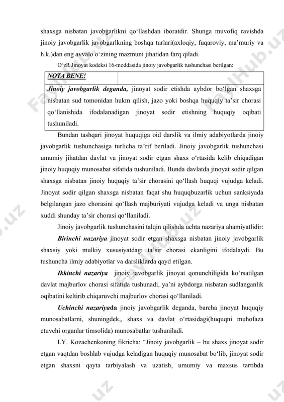 ini vujudga keltiradi; ·  sodir etilgan qilmishni baholovchi sud hukmi chiqariladi; ·  aybdor shaxsga nisbatan jazo yoki boshqa ta’sir chorasi qo‘llaniladi; ·  jazoning huquqiy oqibati sifatida sudlanganlikni vujudga keltiradi. [59] a.a pionkovskiyning fikricha, jinoiy javobgarlik jinoyat sodir etilgan vaqtdan boshlab vujudga keladi. [60] m.braynin esa, jinoiy javobgarlik shaxs jinoyat ishiga ayblanuvchi sifatida jalb qilinganda yoki surishtiruv organlari tomonidan jinoyat sodir etgan shaxs sifatida ushlangan vaqtdan boshlab vujudga keladi, deydi. [61] jinoiy javobgalik vujudga kelgan vaqtdan boshlab shaxsning jinoiy javobgarligi masalasi ko‘riladi. jinoiy javobgarlik masalasi shaxsni dastlabki tergovga jalb qilish(majburlov va ehtiyot choralarini qo‘llash), ishni sudda ko‘rish, ayblov hukmini chiqarish, shartli hukm qilish va sudlanganlik shakllarida amalga oshiriladi. sudlanganliikning tugashi yoki olib tashlanishi bilan jinoiy javobgarlik tugaydi. jinoiy javobgarlik jazo va sudlanganlik elementlarisiz bir lahzali hisoblanadi. uning boshlanishi va oxiri yo‘qoladi. sud hukmining qonuniy kuchga kirishi bilan jinoiy javobgarlik boshlanadi yoki tamom bo‘ladi. sudning ayblov hukmi qonuniy kuchga …
