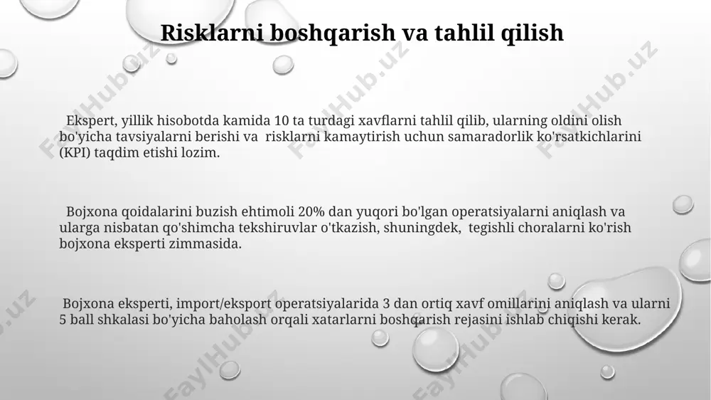 ining qayta hisoblanishiga va 5% dan 20% gacha jarima solinishiga olib kelishi mumkin. bojxona hujjatlarining toʻliqligi va haqiqiyligini tekshirishda kamida 5 ta muhim parametr, jumladan, tovar kodlari, miqdori va narxlarning mos kelishini tekshirish majburiydir. e'tiboringiz uchun rahmat @taqdimot_robot image1.png image2.png image3.png