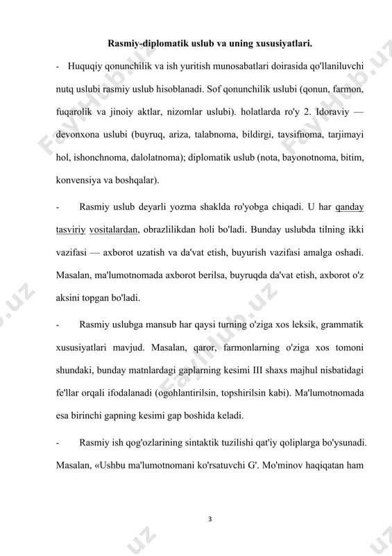 radio, televideniye), oliy majlis yig`inlarida, turli xil anjumanlarda qo`llaniladigan nutq uslubi publitsistik uslub sanaladi. publitsistik uslub ikki xil shaklda namoyon bo`ladi: 1) yozma shakl; 1. og`zaki shakl; ijtimoiy-siyosiy masalalarga bag`ishlangan bosh maqolalar, felyeton va pamfletlar, murojaatnomalar, chaqiriqlar, deklaratsiyalar publitsistik uslubning yozma shakliga mansubdir. radio va televideniyeda chiqayotgan siyosiy sharhlovchilar, notiqlarning nutqlari esa publitsistik uslubning og`zaki shaklidir. publitsistik uslubning o`ziga xos xususiyati shundaki, u muayyan ijtimoiy masalalarga faol munosabatda bo`lish, hozirjavoblik, ta’sirchanlik belgilariga ega. bunday nutq uslubida ijtimoiy-siyosiy tushunchalarni ifodalovchi so`zlar ko`proq qo`llaniladi. m., isyon, irqchilik, qo`poruvchilar, siyosiy tanglik, bitim va boshqalar. publitsistik uslub - matbuot, radio, teleko`rsatuvga xos bo`lgan tildir. bu uslub rasmiy va dolzarb xabarlar, axborotlar, e’lonlar, reportaj, bosh maqolalardan iborat bo`ladi. ularda fikr kichik hajmdagi ommabop jumlalar orqali ifodalanadi. zarur o`rinda asoslar keltiriladi. shuning uchun ham rasmiy xabarlarda «muxbirimizning xabar berishicha, elchixona xodimining so`ziga ko`ra, muxbirimiz voqea ro`y bergan joydan xabar beradi ...» va hokazo iboralar qo`llanadi. har …