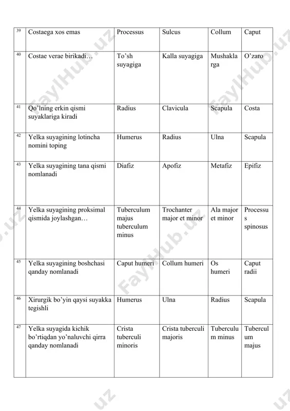 idagi chuqurcha 66 tizza qopqog’i suyagi lotincha nomlanadi patella tibia ulna coxae 67 katta boldir suyagi lotincha nomlanadi tibia fibula femur pelvina 68 kichik boldir suyaginomlanadi fibula tibia femur pelvina 69 oyoq panjasi suyaklari nomlanadi ossa pedis ossa manus ossa digitorium ossa phalanx 70 femurning proximal epifizida joylashadi.... barchasi trochanter major trochanter minor caput 71 oyoqning erkin suyaklariga kirmaydi coxae fibula femur tibia 72 oyoqning kamari suyaklariga kiradi coxae fibula tibia femur 73 trochanter major va trochanter minor urtasida oldi joylashgan linea intertrochanterica tuberculum collum costa 74 kalla suyagining miya qismiga nimalar kiradi? os parietale os zygomaticum os mandibula os palatinum 75 kalla haqidagi bo’lim? craniologiya osteologiya syndesmologiya neurologiya 76 ko’r teshik nomi va u qaysi suyakda joylashgan? foramen caecum os frontale da meatus acusticus externus os temporale da foramen rotundum os sphenoidale da foramen opticus os sphenoidale da 77 kallaning miya qismiga nimalar kiradi? os temporale os nasale os …