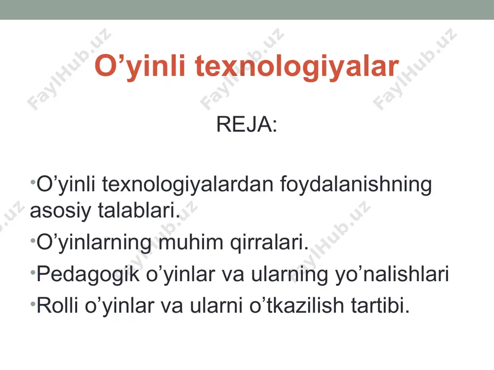 loqot. o’yin faoliyatining tarkibi: 1. o’yindan ko’zda tutilgan maqsadni aniqlash, loyihalash. 2. ushbu maqsadni amalga oshirish yo’llarini belgilash. 3. olingan natijalarni tahlil qilish. 4. o’yin strukturasiga tegishli o’zgartirishlar kiritish. didaktik o’yinli darslarning turlari 1. syujetli-rolli o’yinlar 2. ijodiy o’yinlar 3. ishbilarmonlar o’yini 4. konferentsiyalar 5. o’yin-mashqlar ijodiy o’yinlar o’quvchi(talaba)larning ijodiy izlanishi; mantiqiy fikrlashini rivojlantirish. qo’shimcha bilim olishga bo’lgan ehtiyojlarini qondirishda muhim ahamiyat kasb etadi. ishbilarmonlar o’yini jamiyatdagi ijtimoiy-iqtisodiy munosabatlarni aks ettirish; o’quvchi(talaba)larning muayyan bilim, ko’nikma va malakalarini shakllantirish; kasbiy sifatlarini tarkib toptirish kasbga yo’llash; ilmiy dunyoqarashini kengaytirish kabilarga mo’ljallangan didaktik o’yinlardir. rolli o`yinlarning muvaffaqiyatli tashkil etilishi uchun bir qator shartlarga amal qilish zarur. ular quyidagilardir: “o’rgimchak to’ri” o`yini o’tilgan mavzu yuzasidan “o’rgimchak to’ri” usulidan foydalaniladi. o’quvchilarni 2 guruhga bo’lib olinadi: “wisers” va “intelligents”. savollar tuzilishida tabaqalashtirilgan o’quvchilarni (past, o’rtacha va yuqori o’zlashtiruvchi) hisobga olgan holda sodda, o’rtacha va murakkab savollar tuzilishi ahamiyatli bo’lib, shu bilan birga past va yuqori o’zlashtiruvchi …