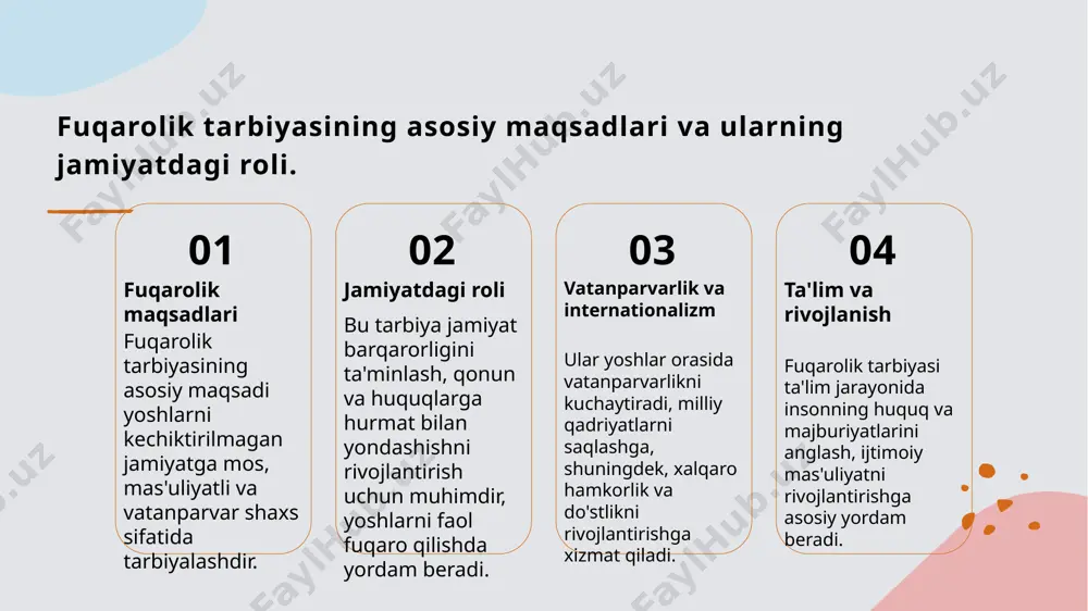 hamkorlik va hamjihatlik - mahalliy hokimliklar, maktablar va nufuzli tashkilotlar bilan hamkorlik qilish orqali fuqarolik tarbiyasini kengaytirish mumkin. bu orqali yoshlar uchun keng ko‘lamli amaliy tajribalar taqdim etiladi. fuqarolik tarbiyasining maqsad va vazifalarini amalga oshirish uchun amaliy topshiriqlar. 1 amaliy topshiriqlarni belgilash - fuqarolik tarbiyasining maqsad va vazifalarini amalga oshirish uchun aniq amaliy topshiriqlar belgilanishi, yoshlarni faol qatnashishga undaydi va natijani oshiradi. 2 o'zaro hamkorlikni rivojlantirish - o'qituvchilar, ota-onalar va yoshlar o'rtasida do'stona va samarali hamkorlik tashkil etish, tarbiyaviy jarayonda muvaffaqiyat uchun muhimdir. 3 ta'lim metodlarini innovatsiya qilish - interaktiv va ijodiy usullar, masalan, rolli o'yinlar va muhokamalar, yoshlarning faol fikrlashini rivojlantiradi va fuqarolik bilan bog'liq bilimlarni mustahkamlaydi. huquqiy tarbiyaning asosiy maqsadlari va jamiyatdagi roli. huquqiy tarbiyaning maqsadi huquqiy tarbiya shaxsda huquqiy ong, adolat va inson huquqlari tushunchalarini rivojlantirishga qaratilgan, yoshlarni qonunlarga hurmat bilan yondashishga o‘rgatadi. jamiyatda roli huquqiy tarbiya jamiyatda qonunlarga bo‘ysunishni, huquq va majburiyatlarni bilishni ta’minlab, tinchlik va …