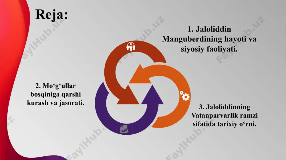 a davlat ichki nizolar, taxt uchun kurash va zodagonlar o‘rtasidagi kelishmovchiliklar sabab zaiflashib qolgan edi. ana shunday og‘ir sharoitda jaloliddin manguberdi o‘z xalqini himoya qilish uchun kurash maydoniga chiqdi. jaloliddinning jasorati eng avvalo 1221-yilgi parvon jangida yaqqol ko‘rindi. u bu jangda mo‘g‘ullarga qarshi katta g‘alaba qozonib, dushman qo‘shinlarini tor-mor qildi. bu voqea mo‘g‘ullarga qarshi kurash mumkinligini isbotladi va xalq orasida jaloliddinning obro‘sini yanada oshirdi. eng mashhur janglardan biri – indus daryosi bo‘yidagi jangdir. jaloliddin otliq qo‘shini bilan son jihatdan ancha ustun bo‘lgan chingizxon lashkariga qarshi mardonavor kurashdi. og‘ir sharoitda ham o‘z qo‘shinini qutqarib qolishga harakat qildi. tarixchilar yozishicha, u jangdan chiqib ketish uchun otini daryoga haydab, suvni kesib o‘tib najot topgan. chingizxon jaloliddinning shijoatiga qoyil qolib, “otadan o‘g‘il tug‘ilar ekan!” degan so‘zlarni aytgan. jaloliddinning jasorati va mardligi shundaki, u hech qachon bosqinchi mo‘g‘ullarga bo‘ysunmadi, doimo mustaqillik va erkinlik uchun kurashdi. u faqat jang maydonida emas, siyosiy faoliyatida ham xalqni birlashtirish, …