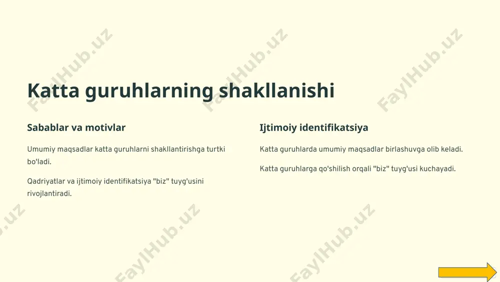 hamjamiyatlar katta guruhlarga misol bo'la oladi. amaliy ahamiyati siyosat siyosat va saylov kampaniyalari katta guruhlar psixologiyasidan foydalanadi. 1 marketing marketing va reklama ham katta guruhlar psixologiyasiga asoslanadi. 2 ta'lim ta'lim va tarbiya jarayonlarida katta guruhlar psixologiyasi qo'llaniladi. 3 xulosa asosiy xulosalar katta guruhlar psixologiyasining asosiy xulosalari muhim ahamiyatga ega. kelajak yo'nalishlari katta guruhlarni o'rganishning kelajakdagi yo'nalishlari istiqbolli. jamiyatni yaxshilash katta guruhlarni tushunish orqali jamiyatni yaxshilash mumkin. image1.png image2.png image3.png image4.png image5.png image6.png image7.png image8.png image9.png image10.png image11.png image12.png image13.png image14.png image15.png image16.png image17.png image18.png image19.png