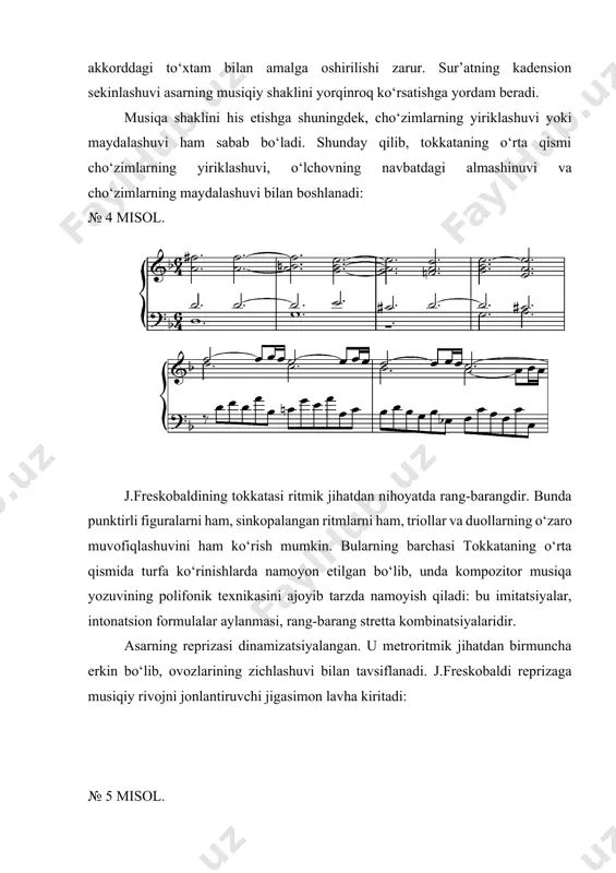 jlanishiga yordam beradi. mazkur tokkatani o‘rganish barokko davri kompozitorlari asarlaridagi cholg‘u shakllarini tafakkur etish imkonini beradi. * * * qadimgi klavir tokkatalarini o‘zlashtirishda ditrix bukstexude (1637-1707) tokkatalari muhim o‘rin tutadi. uning klavir uchun yozgan tokkatalari yirik virtuoz asarlardandir. kompozitor o‘z asarlarini tor ma’noda klavir uchun mo‘ljallagan – ya’ni, klavesin, klavikord uchun, va bu ko‘p jihatdan eksperimental ahamiyat kasb etib, ularda kompozitsiyaning turli usullarini qo‘llash erkinligini taqdim etgan. sol-major tokkatasi qadimgi tokkatalarning oxirgi toifalariga yaqin turadi. u hajmdor uch qismli kompozitsiyaga ega bo‘lib, unda qadimgi syuita qirralarini ko‘rish mumkin, zero, asarning barcha bo‘limlari asosiy sol-major tonalligida yozilgan va ularning har birida o‘sha davrda syuita tarkibiga kirgan u yoki bu qadimgi raqs qirralari kuzatiladi. tokkatada imitatsion rivoj katta rol o‘ynaydi. boshlang‘ich akkord – sol-majorning tonika uchtovushligi tinglovchini sozlaydi va harakatga chaqiruv sifatida yangraydi. bir-birini o‘zaro to‘ldiruvchi, melodiko-garmonik figuratsiyalar o‘yiniga qurilgan pyesaning boshlanishi nihoyatda go‘zal tovush effektini yaratadi: № 6 misol. tokkatada sur’at …