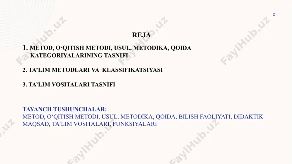 arzda harakat qilish zarurligini belgilab beruvchi me’yoriy ko‘rsatmalardir. 4 ta’lim metodlari tasnifi 1. an’anaviy ta’lim metodlari 2. o‘quvchilarning bilish faoliyati tavsifiga ko‘ra ta’lim metodlari 3. asosiy didaktik maqsadlariga ko‘ra ta’lim metodlari 4. ta’limning binar metodlari 5. yaxlit yondashuv bo‘yicha ta’lim metodlari 6. ta’limning interfaol metodlari 5 an’anaviy ta’lim metodlari og‘zaki ko‘rgazmali amaliy kitob bilan ishlash videometod hikoya suhbat tushuntirish ma’ruza munozara illyustratsiya demonstratsiya mashq amaliy laboratoriya didaktik o‘yin o‘qish o‘rganish reja tuzish konspekt qilish ko‘rish, o‘rganish, nazorat qilish 6 o‘quvchilarning bilish faoliyati tavsifiga ko‘ra ta’lim metodlari tasnifi ta’lim metodi o‘qituvchi faoliyati o‘quvchi faoliyati axboriy – retseptiv o‘quv axborotini uzatish, o‘rganilayotgan obyekt bilan o‘quvchi harakatini tashkil etish bilimlarni idrok etish, anglash va yodda saqlash. reproduktiv bilimlar hamda aqliy va faoliyat usullarini hosil qilishga doir topshiriqlarni tuzish va taqdim etish namuna asosida bilimlarni hamda aqliy va faoliyat usullarini egallash. muammoli bayon etish muammoni qo‘yish va uni hal etish usullarini ochib berish topshiriqni …