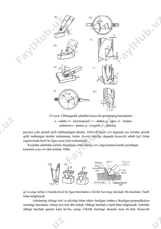 gan sirt deganda zagotovkadan 55-rasm. chilangarlik asboblari kesuvchi qismlaripiig burchaklari: a—zubilo; 6— kreytsmeysel’; v—shaber; g—egov; d— kularra polotnosi;e—parma; g—yoygich; j— metchiq payraxa yoki qirindi qirib tashlanadigan detalni, ishlov berilgan sirt deganda esa sirtidan qirindi qirib tashlangan detalni tushunmoq. lozim. kesish tekisligi deganda kesuvchi asbob tig’i bilan zagotovkada hosil bo’lgan yuza (sirt) tushuniladi. kesishda asbobdan qirindi chiqadigan sirtni oldingi sirt, unga karama-karshi joylashgan tomonini orqa sirt deb aytiladi. oldin gi va orqa sirtlar o’rtasida hosil bo’lgan burchakni o’tkirlik burchagi deyiladi. bu burchak 3 harfi bilan belgilanadi. asbobning oldingi sirti va tekisligi bilan ishlov berilgan sirtdan o’tkazilgan perpendikulyar orasidagi burchakni oldingi burchak deb ataladi. oldingi burchak u harfi bilan belgilanadi. asbobda oldingi burchak qancha katta bo’lsa, uning o’tkirlik burchagi shuncha kam bo’ladi. kesuvchi ayebobning orqa burchagi (x) 3°—8° bo’lishi keraq agap kesuvchi asbobni katta burchak hosil qilib, bolg’ada zarb berilsa, asbobning tagi zagotovkaga botib ketishi, xaddan tashqari kichik burchak ostidagi zarbada esa …
