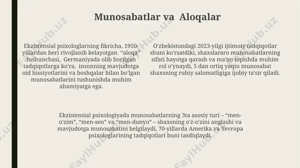 tida, ma'no izlashdagi mavjudlik muammolari kamsin bo'lib, uning shaxsning o'ziga xosligiga ta'sirini o'rganadi. insonning o'z-o'zini yaratish jarayoni, ya'ni ekzistensializm 1-g'oyasi, mavjudlik oldidan insonning 4ta asosiy xususiyatini – erkinlik, mas'uliyat, tashvish va ma'nolilikni ta'kidlaydi. ekzistensializm, 20-asrning o'rtalarida yevropa, xususan, frantsiya va germaniyada paydo bo'lgan falsafiy va psixologik yo'nalish bo'lib, insonning mavjudlikka nisbatan erkinligi va mas'uliyatini 3 asosiy g'oyalar orqali ta'kidlaydi. anksiyete va noaniqlik ekzistensial psixologiyada, taxminan 70% dan ortiq toshkent shahridagi yoshlar o'zlarining kelajagi noaniqligi sababli, kuchli anksiyete his qilishlarini ko'rsatuvchi tadqiqotlar mavjud. germaniyaning getye universiteti olimlari tomonidan olib borilgan tadqiqotlar shuni ko'rsatdiki, 15-25 yosh oralig'ida bo'lgan shaxslarning 60%i hayotdagi noaniqliklar sababli qo'rquv va tashvish hislarini boshdan kechirishadi. anksiyete va noaniqlik o'rtasidagi bog'liqlikni o'rganishda, 2023-yilda o'tkazilgan bir qator eksperimentlar, noaniqlik darajasi yuqori bo'lganda, anksiyete darajasi ham 3-4 barobar oshishini aniqladi. ekzistensial psixoterapiya usullari o'zbekistondagi ba'zi mutaxassislar 20 yildan ortiq tajribaga ega bo'lib, ekzistensial psixoterapiyaning individual va guruh shakllarida qo'llanilishini, shu jumladan, …