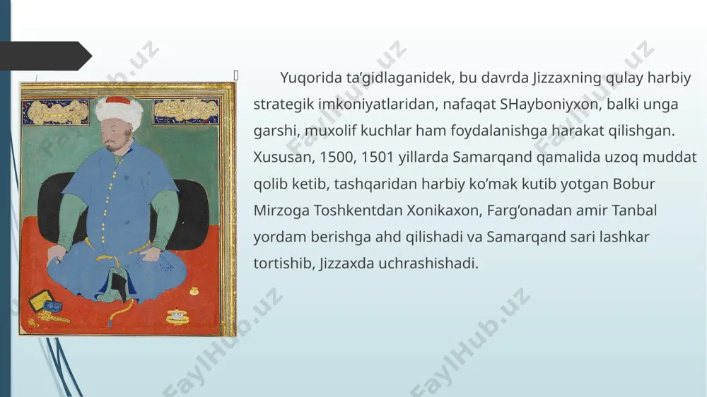 zdirdilar. ul hazratning xos sipohi, kichik sultonning (ya’ni abdullaxonning o’g'li abdulmo‘min sultonning) mavkabida bo'lganla soni, ularga oziq-ovqat tayyorlovchilardan tashqari, o'ttiz ming kishiga etdi». 1579 yil yozida abdullaxon, toshkentdalik paytida bo'zaxo'r sulton o’z tarafdorlari bilan samarqandni egallaydi. abdullaxon tezlik bilan toshkentdan qaytib, avval uchtepaga, so’ng jizzaxga keladi. jizzaxda dushman hagida to'liq ma'lumot to‘playdi. lashkar va otlarga dam berib samarqand uchun jangga tayyorlanadi. bu voqealar manbada quyidagicha bayon etilgan: «panjshanba kuni ertalab olamni bosib oluvchi otni javion urdirgan holda uchtepaga tushdi. u yerdan bir kishini dizzaxga ali mardon bahodir huzuriga yubordi. o‘sha kechasi tuni bilan yo'l yurib juma kuni erta tongda shunday buyobondan chigib dizzax muzofatlaridan biriga tushdi. o'sha zamondayog qutli hukm bo'ldi. «xizmatchilar suv berib serob qilish ibodatlarni afzalidir» iborasiga muvofiq tuya karvonlariga suv va oziq-ovqat ortib, piyoda hamda horiganlar qarshisiga chigib (ularni) serob qilsinlar va ularni qonxo'r biyobondan chigarib aholi yashaydigan joyga etkazsinlar. o’sha kuni peshin nomozi vaqtida (dushmanni) yoquvchi …