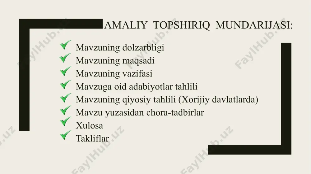 honchlilik mezonlari bilan baholanadi, o‘quvchi va o‘qituvchi o‘rtasidagi shaffoflik, ochiqlik va ishonchga asoslangan munosabat ustuvor hisoblanadi, ‘qituvchilik kasbini tanlagan shaxslar universitetda maxsus etika kurslarini o‘tishi majburiy. 10 t/r amaldagi holat (o‘zbekistonda) amaldagi holat (xorijda) taklif 1. maktab rahbarlari va o‘qituvchilarini hallolik vaksinasi bilan emlash, oxirgi paytda bu bo‘yicha prezidentimiz tomonidan keng islohotlar olib borildi qonunlar qabul qilindi, lekin, maktablarda manfaatlar to‘qnashuvini tugatish juda qiyin masala bo`lib qolmoqda. maktab direktori tomonidan ishga olish jarayonida qarindosh-urug`chilikga yo‘l qoyishi, xodimning bilimi, malakasiga qarab emas balki cho‘ntagidagi puliga yoki qaysidir kattakonning qarindoshi yoki qaysidir yuqori tashkilotdan kelgan qo‘shtirnoq ichidagi topshiriqqa qarab harakat qilishi, ilmiy bo‘lim mudirlari dars jadvalini tuzishda belgilab qo`yilgan mezonlar asnosida emas o‘qituvchilar tomonidan keladigan sovg`alarga qarab tayyorlashi, har bayramlarda maktab rahbarlari va sinf rahbarlarni ota-onalar tomonidan beriladigan sovg‘alar, attestatsiya jarayonida fan o‘qituvchilari bilimiga emas qo‘lidagi puliga ishonib harakat qilishi jamiyatimizning og‘riqli nuqtasiga aylanib qolmoqda. janubiy koreya- maktab o‘qituvchilari va rahbarlariga muntazam …