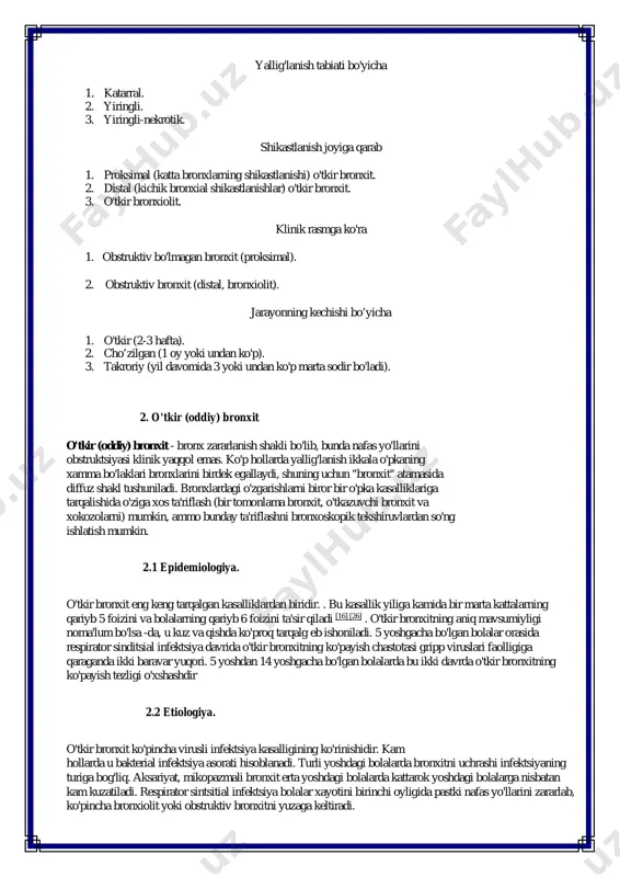 hartli mikroflora mikrob yallig'lanish chaqiruvchilariga nisbatan umumiy o'zgarishlar keltirmaydi, antibiotiklar bilan davolanmagan bolalarda ham keyinchalik bakterial pnevmoniya rivojlanmaydi. ikkilamchi zamburug'li bronxitlarni candida albicans yoki aspergillalar chaqirgan bo'lishi mumkin. bronxitni cho'ziluvchan kechuvini ko'pincha mikoplazma yoki xlamidiyali infektsiya bilan bog'lash mumkin . 2.3 patogenez. respirator viruslar nafas yo'llarining shilliq qavati epiteliysini zararlaydi. epiteliy degeneratsiyaga uchraydi, traxeya va bronx kiprikcha xujayralari yo'qolib, mukotsiliar ekskalatorni to'xtashiga, mukostazga va bronx devori drenajini buzilishiga olib keladi. nafas yo'llari epiteliy qatlamiga va bronx shilliq osti tomir devorlariga viruslarni birlamchi toksik ta'siri natijasida bronx devorlari shishadi va shilliq bezlar sekretsiyasi oshadi, xamda shu o'zgarishlar natijasida bronx ichida balg'am paydo bo'ladi. bronxlarning shilliq ostida joylashgan "semiz" xujayralari viruslar ta'sirida yallig'lanish mediatorlarini bo'shab chiqishi natijasida ikkilamchi bronx shilliq qavatini shishishi va sekretsiyasi kuchayadi.yallig'lanish reaktsiyasi ta'siri ostida nafas olish yo'llari epiteliy qavatlarida xolinergik retseptorlar ochilib qolishi natijasida bronxokonstriktsiya rivojlanishi mumkin. rispirator viruslar ta'siri ostida kinin-kallekrein va komplement tizimi faollashadi, o'z navbatida …