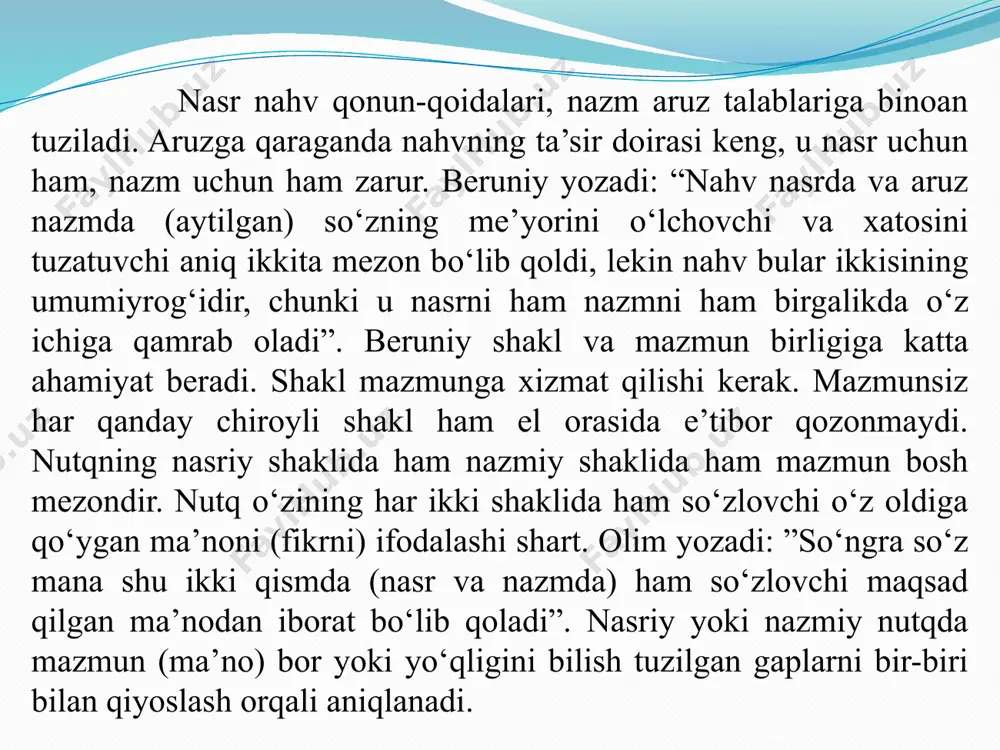 t aytib, ularni to‘g‘ri yo‘lga boshlovchi voiz nafaqat ilmi va chiroyli so‘zlari bilan, balki o‘zining yuksak axloq odobi, halol hayot tarzi bilan ham boshqalarga namuna bo‘lishi lozim buyuk tafakkur egalarining butun bir avlodi yetishib chiqqan, jahonni ilm-ma’rifat nuri bilan yoritgan uyg‘onish davri deb yuritiladigan zamonlarda o‘rta osiyoda so‘z san’ati, shuningdek, notiqlik san’ati ham taraqqiy etdi. 1- topshiriq. matnni o‘qing, nutq madaniyatiga oid gaplarni sharhlang. ey farzand, agar sen har qanday notiq bo‘lsang ham, o‘zingni bilganlardan pastroq tutgin, toki so‘z bilimdonligi vaqtida bekor bo‘lib qolmagaysan... odamlar to‘rt xil bo‘lganidek, so‘z ham to‘rt xil bo‘lgay: biri, bilinmayturg‘on va aytilmayturg‘on, ya’ni aytishga zaruratsiz bo‘lgan so‘zlar; ikkinchisi, aytilaturg‘on va bilinaturg‘on; bunday so‘zlarga ibratomuz va aytsa bo‘ladigan so‘zlarni kiritish mumkin. masalan, odob-axloq, nasihat tarzida aytilgan so‘zlar; uchinchisi, ham bilinaturg‘on va ham bilishga zaruratsiz, ammo aytsa bo‘laturg‘on; to‘rtinchisi, bilinaturg‘on va aytilmayturg‘on. ammo aytilmayturg‘on va bilinmayturg‘on unday so‘zdurki, ... dunyoning salohi unga bog‘liqdir. ul so‘zdin aytguvchiga ham, …