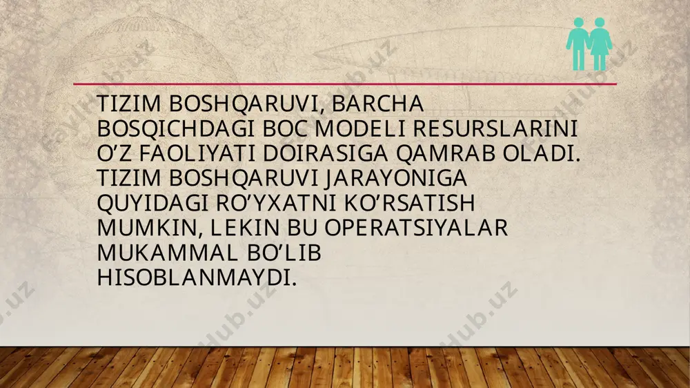 texnik vositalarni ishlatishda qiyinchilik tugʻdiradi. bu qiyinchiliklar tezkor va haqiqiy maʼlumotlar asosida kelajakni uzoq muddatga bashoratlash masalasini hal qilishda, rejali topshiriqlarni tezkorlik bilan bajarishda, boshqarishda foydalaniladigan maʼlumotlarni taqdim etishdagi kechikishlarga sabab boʻladi. boshqaruv ishlarini avtomatlashtirish shu jihatdan ham samaraliki, unda birinchidan hisobga olish va boshqarish masalalari yagona majmua ichida hal boʻladi, ikkinchidan, axborotning harakat yoʻli, yaʼni birlamchi axborotdan tortib to bir tizimga solingan boshqaruv maʼlumotlarigacha butunlay qamraladi. boshqaruv ishlarini avtomatlashtirish tizimining yagona matematik modeli, yaʼni har xil darajadagi oʻzaro bogʻlangan matematik modellar majmui boʻladi. bu modellar majmui asosida tizimda avtomatik ravishda maqbullash (optimallash) va rejalashtirish masalasi qoʻyiladi va yechiladi bu tizimning unumdorligiga hamma amallarning avtomatik ravishda bajarilishi evaziga erishiladi. boshqaruv ishlarini avtomatlashtirish boshqaruvning tashkiliy iqtisodiy tizimi turiga kiradi. boshqaruv ishlarini avtomatlashtirish murakkab tizim boʻlib, oʻz tarkibida tub tizimlarni mujassamlashtiradi. bu tizim maʼlum belgilarga asoslanib ajratilgan va boshqarishning aniq maqsad hamda masalalariga javob beradigan tizimning bir qismidir. shu masalalar doirasida uni …