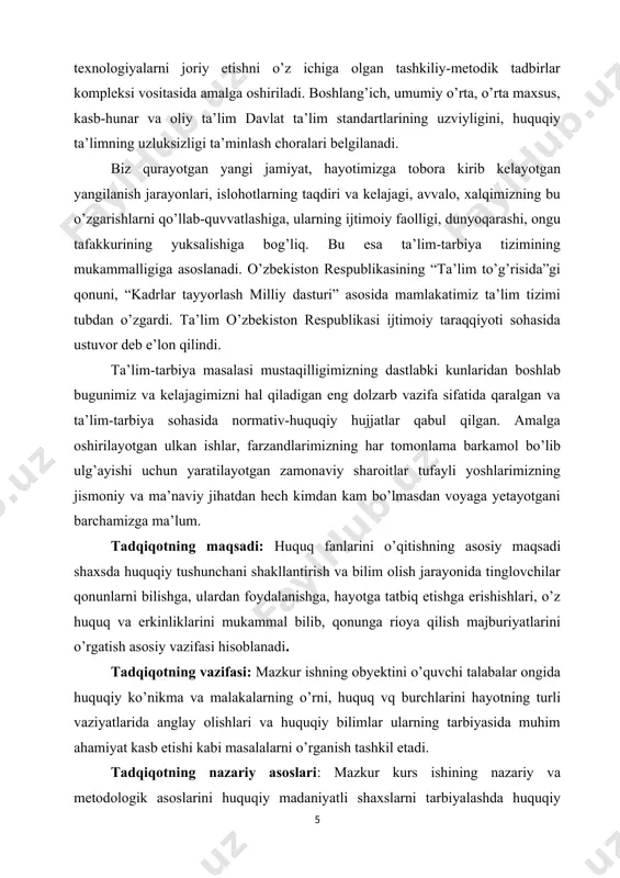 utgan o’rni, uning ta'lim-tarbiyaviy vazifalari, har bir bo’lim va bo’limdagi mavzular, hatto har bir darsda o’tiladigan mavzuning ham juz'iy vazifalari oldindan aniq belgilab olingandan keyingina huquq o’qitishga kirishish maqsadga muvofiq bo’ladi. o’rta ta'lim va o’rta maxsus ta'lim tizimida huquq o’qitishning maqsad va vazifalarini muvaffaqiyatli amalga oshirish birinchi navbatda o’qituvchining har bir darsning ta'lim-tarbiya vazifalarini oldindan aniq va to’g’ri belgilab ola bilishiga bog’liqdir. bu ham, o’z navbatida, o’qituvchining darsning ta'lim-tarbiya vazifalarini to’g’ri belgilash metodi va usullari haqidagi nazariy bilim va malakalarining darajasiga bog’liqdir. o’rta ta'lim va o’rta maxsus ta'lim tizimida huquq kursi oldiga qo’yilgan ta'lim-tarbiya vazifalarini amalga oshirishning eng muhim shartlaridan biri har bir darsning ta'lim-tarbiya vazifalarini, shuningdek, uning boshqa darslar sistemasida to’tgan o’rnini aniq belgilash va shu vazifalarni amalga oshirishdan iboratdir. lekin har qanday tarbiyaviy vazifani ham, bir yoki bir necha darsda yoki sinfdan tashqari mashg’ulotlarda o’tkaziladigan ayrim tadbirlar vositasida batamom mukammal hal qilib bo’lmaydi. har bir huquq darsida va …