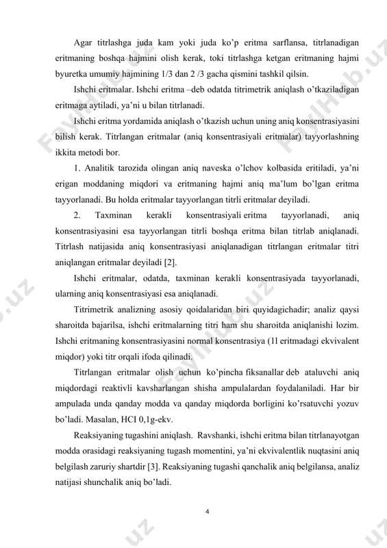 , hci 0,1g-ekv. reaksiyaning tugashini aniqlash. ravshanki, ishchi eritma bilan titrlanayotgan modda orasidagi reaksiyaning tugash momentini, ya’ni ekvivalentlik nuqtasini aniq belgilash zaruriy shartdir [3]. reaksiyaning tugashi qanchalik aniq belgilansa, analiz natijasi shunchalik aniq bo’ladi. reaksiya tugashini aniqlash uchun indikatorlar deb ataluvchi alohida reaktivlar qo’llaniladi. ko’pincha indikatorlarning ta’siri shunga olib keladiki, ular titrlanayotgan modda va ishchi eritma o’rtasidagi reaksiya oxirida ishchi eritmaning ozgina ortiqcha miqdori ishtirokida o’zgarishga uchraydi va eritma yoki cho’kmaning rangini o’zgartiradi. byuretkadan – ishchi eritmadan ma’lum miqdorda quyilganda titrlanayotgan eritma rangi sezilarli o’zgarsa, bunda titrlashning so’ngi nuqtasiga erishildi deyiladi. ko’pchilik hollarda indikator aniqlanayotgan modda eritmasiga qo’shiladi va titrlash indikator ishtirokida yuzaga chiqadi. bu ichki indikatorlardir. ayrim hollarda boshqacha yo’l tutiladi: titrlash mobaynida titrlanayotgan eritmadan kapillyar bilan bitta tomchidan olinib unga chinni plastinkada bir tomchi indikator qo’shiladi. shunday qilib, indikator bilan bo’ladigan reaksiya titrlanayotgan eritmadan tashqariga ketadi. bu holda ishlatiladigan indikatorlar tashqi indikatorlar deyiladi. har bir titrimetrik analizga alohida …