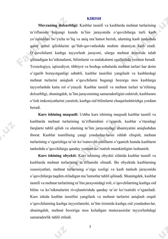 a kasblar jamiyatning turli ehtiyojlarini qondirishga xizmat qiladi. tibbiyot kasblari odamlar salomatligini saqlash va tiklashda muhim rol o'ynaydi, ta'lim kasblari esa jamiyatning bilimli va ma'naviy jihatdan taraqqiy etgan avlodini tayyorlashda beqiyos ahamiyatga ega. qurilish sohasidagi kasblar esa jamiyatning infratuzilmasini yaratish va rivojlantirishga xizmat qiladi. shu bilan birga, texnologiya kasblari hayotimizning har bir sohasida innovatsiyalar yaratish va yangiliklarni joriy etishga yordam beradi. kasblarning tasnifi esa ularning xususiyatlari va talablariga asoslanadi. kasblar tasnifi o’z navbatida ularning ijtimoiy ahamiyatini belgilashda muhim rol o’ynaydi. kasblar odatda ijtimoiy va iqtisodiy mehnat taqsimotiga asoslanib tasniflanadi. bu tasniflash jarayonida kasblar quyidagi asosiy guruhlarga bo’linadi: intelektual kasblar, amaliy kasblar, xizmat ko'rsatish kasblari va san’at va madaniyat kasblari. kasblar tasnifi ijtimoiy ehtiyojlar, iqtisodiy rivojlanish va texnologik o'zgarishlarga qarab o'zgarib boradi. shu sababli kasblarning ijtimoiy ahamiyati ham har doim yangilanib turadi. har bir kasb jamiyatda o'zining ijtimoiy vazifalarini bajaradi va jamiyatni rivojlantirishda o'z o'rnini egallaydi. kasblar tasnifi va ijtimoiy ahamiyati …