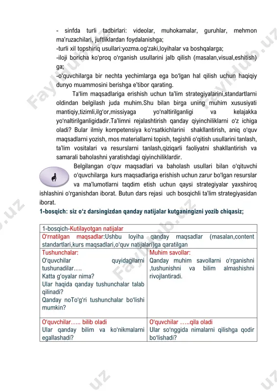 igi va kelajakka yo‘naltirilganligidadir.ta’limni rejalashtirish qanday qiyinchiliklarni o‘z ichiga oladi? bular ilmiy kompetensiya ko‘rsatkichlarini shakllantirish, aniq o‘quv maqsadlarni yozish, mos materiallarni topish, tegishli o‘qitish usullarini tanlash, ta’lim vositalari va resurslarni tanlash,qiziqarli faoliyatni shakllantirish va samarali baholashni yaratishdagi qiyinchiliklardir. belgilangan o‘quv maqsadlari va baholash usullari bilan o‘qituvchi o‘quvchilarga kurs maqsadlariga erishish uchun zarur bo‘lgan resurslar va ma’lumotlarni taqdim etish uchun qaysi strategiyalar yaxshiroq ishlashini o‘rganishdan iborat. butun dars rejasi uch bosqichli ta’lim strategiyasidan iborat. 1-bosqich: siz o‘z darsingizdan qanday natijalar kutganingizni yozib chiqasiz; 1-bosqich-kutilayotgan natijalar o‘rnatilgan maqsadlar:ushbu loyiha qanday maqsadlar (masalan,content standartlari,kurs maqsadlari,o‘quv natijalari)ga qaratilgan tushunchalar: o‘quvchilar quyidagilarni tushunadilar…. katta g‘oyalar nima? ular haqida qanday tushunchalar talab qilinadi? qanday noto‘g‘ri tushunchalar bo‘lishi mumkin? muhim savollar: qanday muhim savollarni o‘rganishni ,tushunishni va bilim almashishni rivojlantiradi. o‘quvchilar….. bilib oladi ular qanday bilim va ko‘nikmalarni egallashadi? o‘quvchilar …..qila oladi ular so‘nggida nimalarni qilishga qodir bo‘lishadi?  bu bosqichga quyidagi fizika fani bo‘yicha namunani tavsiya …