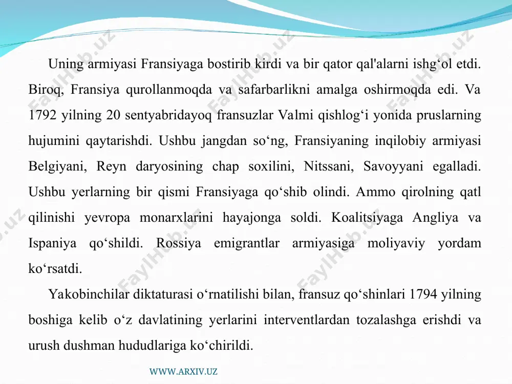 manfaatlari bilan to‘qnashuvi tufayli kelib chiqqan. 1761 yilda prussiya halokat yoqasida edi, ammo yangi rus shohi pyotr iii u bilan sulh tuzgan (1762) (yekaterina ii uni bekor qilgan, birok, urushni davom ettirmagan). shiddatli kurashlar mustamlakalarda va dengizda ham sodir bo‘lgan. prussiya gubertusburg sulhi (1763) ga asosan, avstriya va saksoniya b-n sileziyani o‘ziga qo‘shib olgan. parij tinchlik bitimi (1763) ga asosan, fransiyadan buyuk britaniyaga kanada, sharqiy luiziana, fransuzlarning hindistondagi mulklarining ko‘p qismi o‘tgan. ye.y.u.ning asosiy natijasi www.arxiv.uz www.arxiv.uz — buyuk britaniyaning fransiya ustidan mustamlaka va savdo sohasidagi kurashda qozongan g‘alabasi bo‘lgan. aqshning tashkil topishi va xalqaro munosabatlar. 18 asrning 2-yarmiga kelib shimoliy amerikada 13 ta mustamlaka mavjud edi. ular: yangi angliya mustamlakalari – massachusetes, rod-aylend, nyu-gempshir, konnektikut; markaziy mustamlakalar – pensilvaniya, nyu-york, nyu-jersi, delaver; janubiy mustamlakalar – virjiniya, merilend, shim. karolina, jan. karolina va jorjiya shtatlaridar. janubiy shtatlarda qulchilikka asoslangan katta katta plantatsiyalar bo‘lsa, shimolda fermerlik mavjud edi. 1775 yilda angliya …