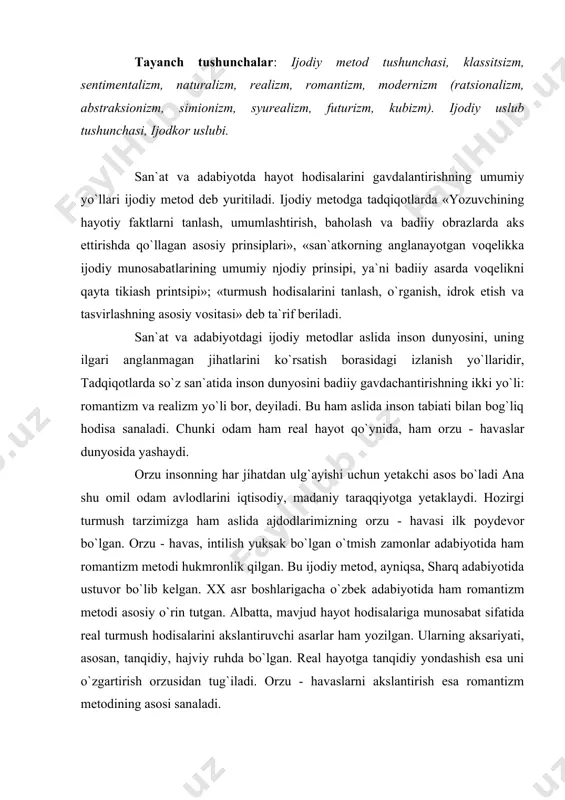 turmush hodisalarini akslantiruvchi asarlar ham yozilgan. ularning aksariyati, asosan, tanqidiy, hajviy ruhda bo`lgan. real hayotga tanqidiy yondashish esa uni o`zgartirish orzusidan tug`iladi. orzu - havaslarni akslantirish esa romantizm metodining asosi sanaladi. romantizm metodi - hayot haqidagi, inson to`g`risidaga orzular ifodasidir. bu metodda yaratilgan asarlarda xayoliy voqealar, orzulardagi obrazlar asosiy o`rin tutadi. shoir, yozuvchi o`z a`moli (ideali)dagi insonni ko`rsatish uchun qahramonlarini real hayotdagidan ko`ra kuchliroq, fidoyiroq, jasurroq qilib gavdalantyradi. «farhod va shirin» dostonidagi farhod obrazi alisher navoiyning chin inson haqidagi orzulari ifodasi sanaladi. ideal obrazni, ideal hayotni ko`rsatish romantizm metodining xos xususiyati hisoblanadi. shuning uchun bu xildagi asarlarda real hayotning o`zidagidan ko`ra boshqacha voqealar ko`rsatiladi. fantastik sujetli, mifologiyaga asoslangan asarlar ham romantizm metodiga mansub sanaladi. «romantizm ijodiy metodi juda murakkab hodisa bo`lib, u xviii asr oxiri, xix asr boshida yevropa, amerika adabiyotida paydo bo`ldi hamda o`zidan avval adabiyot va estetikada hukmronlik qalgan klassisizmga qaram shaklida shaklandi va rivoj topdi», deyiladi. biroq …