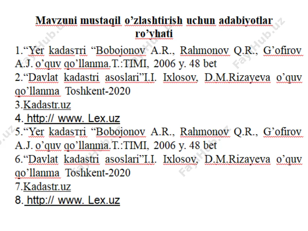 belgilanadi, yer tuzishning maqsadi va vazifalari aniqlanadi. xulosa. yer uchastkasining koʼchmas mulk obyekti sifatida mohiyati shundaki ijtimoiy-iqtisodiy jarayon bo‘lib, yerdan foydalanish, uni muhofaza qilishni tashkil etish, yer egaliklari va yerdan foydalanuvichlarni maxsus yer fondlarini tashkil qilish va tartibga solish, qishloq xo‘jalik korxonalari va dehqon xo‘jaliklari hududlarini tashkil qilish, tabiiy landshaftlarni yaxshilash va maqbul ekologik muhit yaratishdir. aniq xo‘jalik maqsadlari yo‘lida muntazam foydalaniladigan yoki foydalanishga yaroqli va bir-biridan o‘zining tabiiy tarixiy xususiyatlar va belgilari bilan farq qiladigan yer bo‘laklari hisoblanadi. yerning sifatini pasaytirishga sabab bo‘ladigan hamda yerdan foydalanish tartibining buzilishiga ham olib keladigan jarayonlarni tugatish va olishga qaratilgan tashkiliy – xo‘jalik, agranomik, texnik, meliorativ, iqtisodiy va huquqiy tadbirlar to‘plamlarini o’tkazish joiz. e’tiboringiz uchun rahmat! image1.jpeg image2.png image3.png image4.png image5.png image6.jpeg image7.jpeg image8.jpeg image9.jpeg image10.png image11.png image12.png image13.png image14.png image15.jpeg image16.jpeg image17.jpeg image18.jpeg image19.png image20.jpeg image21.png image22.jpeg image23.jpeg image24.jpeg image25.jpeg image26.jpeg image27.jpeg /docprops/thumbnail.jpeg