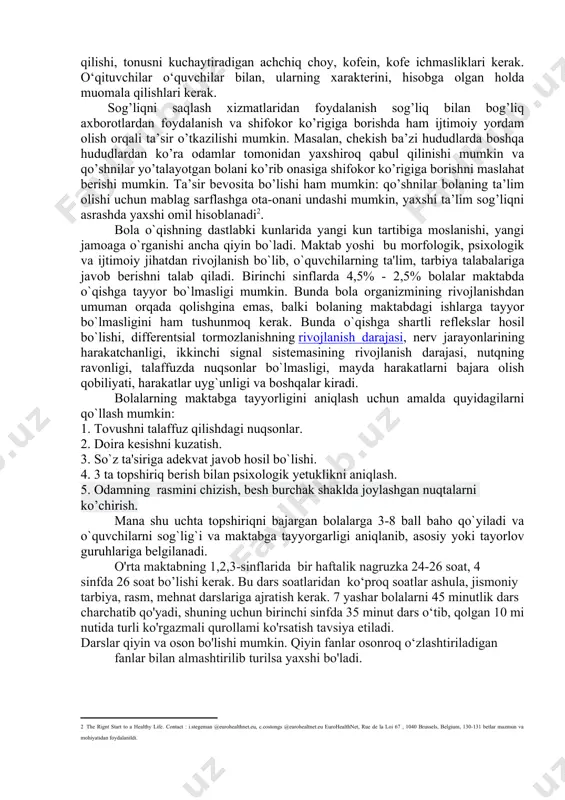 savol berib ko’rib o’lchangan: "o’tgan hafta haqida o’ylash o’zingizni yaxshi va sog’lom xis qildingizmi? o’zingizni energiyaga to’la deb xis qildingizmi? hafa bo’ldingizmi? o’zingizni yolg’iz xis qildingizmi? o’zingizga yyto’g’rili vaqt topdingizmi? bo’sh vaqtingizda o’zingiz hohlagan ish bilan shug’ullanishga imkoniyatingiz bo’ldimi? ota- onangiz sizga oqilona munosabatda bo’ldimi? o’rtoqlaringiz bilan vaqtingizni choq o’tkazdingizmi? maktabda yaxshi baho oldingizmi? diqqat qila oldingizmi?" (0 = hech qachon, 1 = ba’zan, 2 = tez tez, 3 = juda tez, 4 = har doim ). sog’liqni saqlash xizmatlaridan foydalanish sog’liq bilan bog’liq axborotlardan foydalanish va shifokor ko’rigiga borishda ham ijtimoiy yordam olish orqali ta’sir o’tkazilishi mumkin. masalan, chekish ba’zi hududlarda boshqa hududlardan ko’ra odamlar tomonidan yaxshiroq qabul qilinishi mumkin va qo’shnilar yo’talayotgan bolani ko’rib onasiga shifokor ko’rigiga borishni maslahat berishi mumkin. ta’sir bevosita bo’lishi ham mumkin: qo’shnilar bolaning ta’lim olishi uchun mablag’ sarflashga ota-onani undashi mumkin, yaxshi ta’lim sog’liqni asrashda yaxshi omil hisoblanadi . o‘ta charchash natijasida nerv …