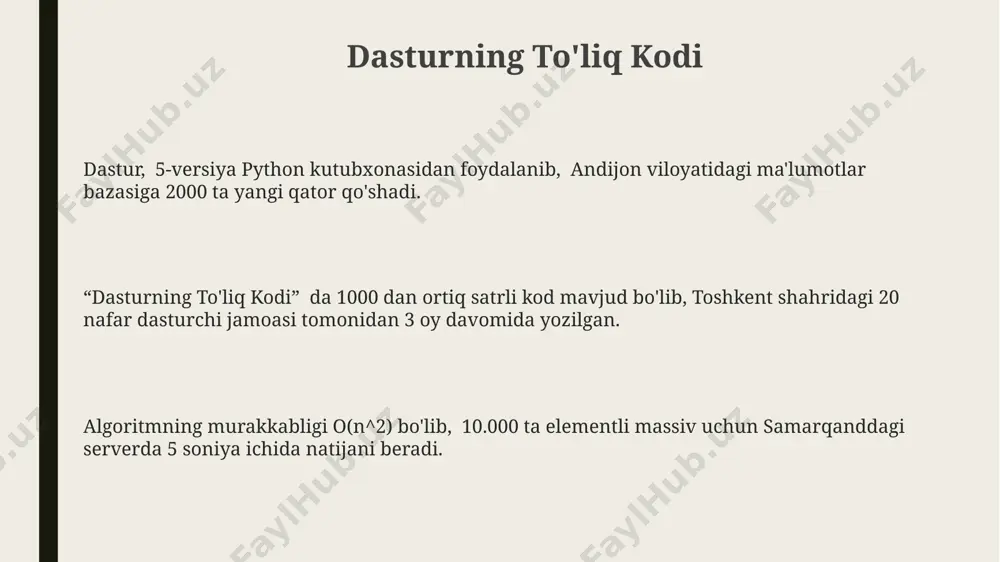 hiqilgan dasturda, 7 turdagi shartli operatorlardan foydalanib, foydalanuvchi kiritgan 15 ta sonning juft yoki toq ekanligini aniqlash algoritmi amalga oshiriladi va natijalarni matritsada saqlaydi. kamchiliklar va takomillashtirish algoritmning soddaligi tufayli, u faqatgina aniq matematik amallarni bajara oladi va murakkabroq mantiqiy operatsiyalarni, masalan, 500 dan ortiq harfdan iborat matnlarni qayta ishlashni qo'llab-quvvatlamaydi. qayd etilgan algoritm faqat 1000 gacha bo'lgan sonlar uchun samarali ishlaydi, undan kattaroq sonlar uchun xotira yetmasligi yoki hisoblash vaqti keskin ortishi mumkin, masalan, toshkentdagi eski kompyuterlarda. dastur basic tilida yozilganligi sababli, uning ishlash tezligi va samaradorligi zamonaviy dasturlash tillariga nisbatan ancha past, taxminan 10-100 marta sekinroq bo'lishi mumkin. xulosa "xulosa" so'zi 15-asrda buxoro shahrida yozilgan adabiy manbalarda 20 dan ortiq marta uchrab, matnning qisqacha mazmunini ifodalash uchun ishlatilgan. "xulosa" atamasi matematik modellashtirishda 3-5 ta asosiy o'zgaruvchilarning hisob-kitob natijalarini umumlashtirish uchun samarqanddagi olimlar tomonidan qo'llanilgan. o'zbekistonning janubiy viloyatlarida 19-asrda qishloq xo'jaligi hisobotlarida hosil miqdorini "xulosa" so'zi bilan 70 dan …
