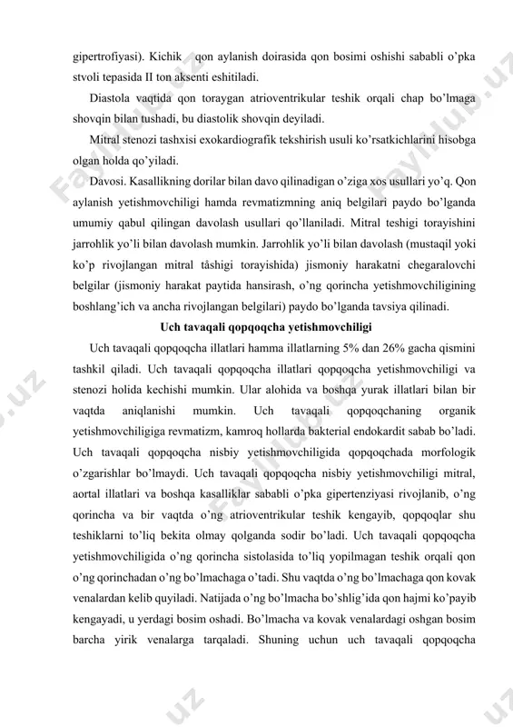 ovchiligida qopqoqchada morfologik o’zgarishlar bo’lmaydi. uch tavaqali qopqoqcha nisbiy yetishmovchiligi mitral, aortal illatlari va boshqa kasalliklar sababli o’pka gipertenziyasi rivojlanib, o’ng qorincha va bir vaqtda o’ng atrioventrikular teshik kengayib, qopqoqlar shu teshiklarni to’liq bekita olmay qolganda sodir bo’ladi. uch tavaqali qopqoqcha yetishmovchiligida o’ng qorincha sistolasida to’liq yopilmagan teshik orqali qon o’ng qorinchadan o’ng bo’lmachaga o’tadi. shu vaqtda o’ng bo’lmachaga qon kovak venalardan kelib quyiladi. natijada o’ng bo’lmacha bo’shlig’ida qon hajmi ko’payib kengayadi, u yerdagi bosim oshadi. bo’lmacha va kovak venalardagi oshgan bosim barcha yirik venalarga tarqaladi. shuning uchun uch tavaqali qopqoqcha yetishmovchiligida venalarda bosim oshib, jigar va bo’yin venalarining sistolik pulsatsiyasi aniqlanadi. klinikasi. uch tavaqali qopqoqcha illati bilan jarohatlangan bemorlarda yurakning o’ng qorinchasi yetishmovchiligi belgilari kuzatiladi. bemor harakatlanganda hansirash, mitral stenozidagi hansirashdan farqli ravishda yotganda nafas olish qiyinlashmaydi. madorsizlanish, yurakning tez urishi, harakat qilganda yurak sohasida kuchsiz og’riq paydo bo’ladi. bemor o’ng qovurg’a osti sohasida og’irlik sezadi. uyqu bosishdan shikoyat …