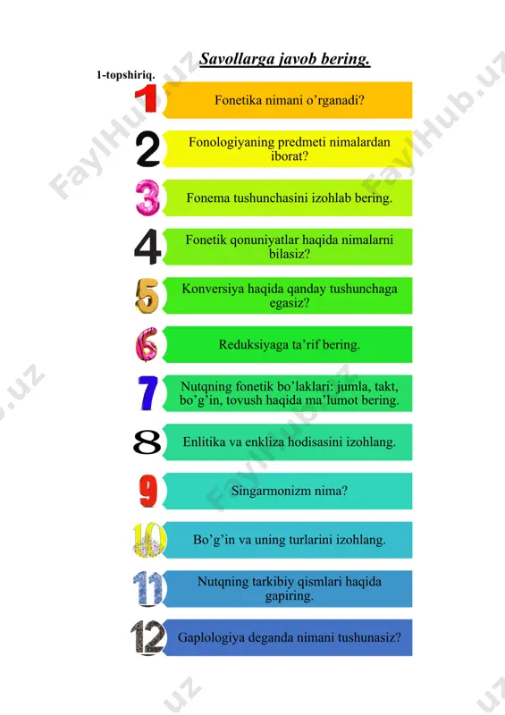 deyiladi? 4. urg’uli so’zdan oldin kelib, urg’u jihatdan unga qo’shilib ketadigan so’z nima deb ataladi? 5. u, o’ qanday unli hisoblanadi? fonetika nimani o’rganadi? fonologiyaning predmeti nimalardan iborat? fonema tushunchasini izohlab bering. fonetik qonuniyatlar haqida nimalarni bilasiz? konversiya haqida qanday tushunchaga egasiz? reduksiyaga ta’rif bering. nutqning fonetik bo’laklari: jumla, takt, bo’g’in, tovush haqida ma’lumot bering. enlitika va enkliza hodisasini izohlang. singarmonizm nima? bo’g’in va uning turlarini izohlang. nutqning tarkibiy qismlari haqida gapiring. gaplologiya deganda nimani tushunasiz? tushunchalar, atamalar (terminlar) epenteza diereza sizningcha bu tushuncha qanday ma’noni anglatadi gaplologiya reduksiya akkomodatsiya metateza singarmonizm assimilyatsiya intonatsiya proklitika what are the active and passive articulators? teeth hard palate mouth cavity lower jaw longue soft palate lips larynx lungs diaphragm glottis “interfaol” metodi “tushunchalar tahlili” metodi “blits-so’rov” metodi “bliss so’rov” metodi “assessment” metodi “krossword” image7.png image16.png image17.png image18.png image8.png image9.png image10.png image11.png image12.jpeg image13.png image14.png image15.png image1.png image2.png image3.jpeg image4.jpeg image5.jpeg image6.jpeg