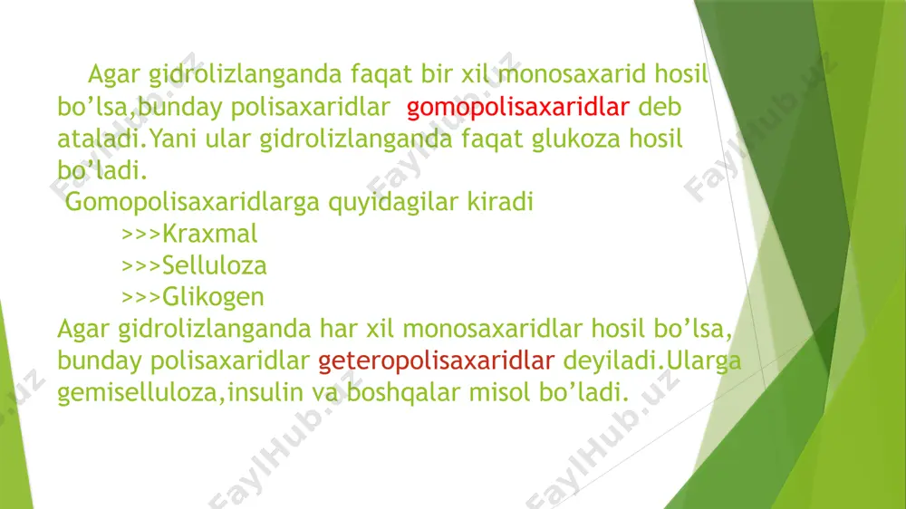 llaniladi.xitin asosida sintez qilingan moddalarni sut mahsulotlariga qo’shiladi. bakteriyalarning hujayra devori polisaxaridlardan biri muramindir.uning tarmoqlangan zanjiri b-1,4 glikozid bog’i orqali bog’langan n-atsetilglukozamin (a) va n-atsetilmuram kislota(b) qoldiqlaridan tuzilgan.muramin-o’zining funksional xossalari bo’yicha selluloza va xitinga yaqin.tarkibiga muramin kiruvchi uglevod-oqsilli kompleks murein deb nomlanib bakteriyahujayra devorini tashkil etadi etiboringiz uchun rahmat image1.jpg image2.jpg image3.jpg image4.jpg image5.jpg image6.jpg image7.jpg