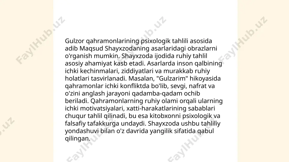 i orqali qahramonlarni rivojlantirish" mavzusi asosan qahramonlarning xarakterlari va ichki dunyosining voqealar natijasida qanday o'zgarishini ko'rsatishga bag‘ishlangan. har bir qahramonning tarixi va tajribalari ularga kuchli ta'sir qiladi; masalan, olga raqiblar bilan to‘qnashganda qat'iyati va strategik fikrlash qobiliyatini rivojlantiradi. yoki anvar, fojiali voqeadan so'ng, o‘z kuchini topib, liderlik qobiliyatini oshiradi. aytish mumkinki, qahramonlar hayotidagi voqealar o'zgarishining muhim omiliga aylanib, ularning tarbiyasi va shaxsiy o‘sishini belgilaydi. xojaning "gulzor " asarida obraz va xarakter yaratish mahorati mamatqulov muslimjon 1 kirish: xoja asarining qisqacha mazmuni "gulzor" asarining asosiy maqsadi va uning adabiy ahamiyati 2 xoja asaridagi asosiy obrazlar "gulzor"dagi markaziy obrazlarni tahlil qilish har bir obrazning o‘ziga xos xususiyatlari va jamiyatdagi o‘rni 3 obraz yaratishda xojaning uslubi xojaning tasvirlash va personajlarni ifodalash uslubi obrazlarni yaratishdagi til va uslubiy vositalar 4 xulosa gulzor" asarida obraz va xarakter yaratishning adabiy ahamiyati xojaning obrazlar orqali o‘zining jamiyat haqidagi qarashlarini ifodalashi image1.png image2.png image3.jpg image4.jpg image5.jpg image6.jfif image7.png …