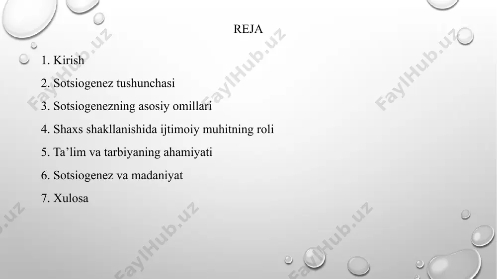 osh avlodga bilim berish, ularni jamiyatga moslashtirish va ijtimoiy normalarni o‘rgatish jarayonidir. ijtimoiy o‘zaro ta’sirning roli ijtimoiy o‘zaro ta’sir sotsiogenezning eng muhim omillaridan biridir. inson bolasi tug‘ilganidan boshlab, atrofdagilar bilan muloqotga kirishadi. ota-ona, oila a’zolari, tengdoshlar va boshqa ijtimoiy guruhlar bilan bo‘ladigan munosabatlar shaxsning shakllanishiga bevosita ta’sir ko‘rsatadi. muloqot jarayonida bola ijtimoiy normalarni, xulq-atvor qoidalarini o‘rganadi, o‘zini anglay boshlaydi va jamiyatga moslashadi. ijtimoiy o‘zaro ta’sir nafaqat bolalik davrida, balki butun hayot davomida shaxsning rivojlanishida muhim ahamiyatga ega. tilning sotsiogenezdagi o'rni til sotsiogenezning ajralmas qismidir. til orqali insoniyat o‘tmish tajribalarini kelajak avlodlarga uzatadi, bilimlar almashadi va madaniy merosni saqlaydi. til shaxsning fikrlash qobiliyatini rivojlantiradi, dunyoni anglash va tushunishga yordam beradi. bola tilni o‘zlashtirishi jarayonida nafaqat so‘zlarni, balki jamiyatning qadriyatlarini, dunyoqarashini va xulq-atvor normalarini ham o‘zlashtiradi. til ijtimoiy aloqalarni o‘rnatish va mustahkamlashning asosiy vositasidir. madaniyatning ta'siri madaniyat sotsiogenezda muhim rol o‘ynaydi. har bir jamiyat o‘ziga xos madaniyatga ega bo‘lib, u urf-odatlar, an’analar, …