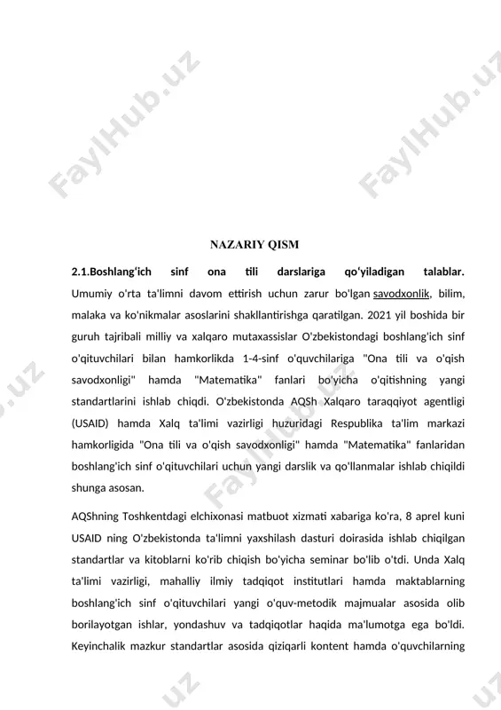 davlat timsoli, mulki. tilni asrash, rivojlantirish - millatning yuksalishi demak. o'zbekiston respublikasi konstitutsiyasida davlat tilining maqomi huquqiy jihatdan mustahkamlab qo'yilgan. shu tariqa o'zbek tili mustaqil davlatimizning bayrog'i, gerbi, madhiyasi qatorida turadigan, qonun yo'li bilan himoya qilinadigan muqaddas davlat ramziga aylandi. ona tili fanini o'qitishning bosh maqsadi yoshlarimizning ijodiy- mustaqil, o'z fikrini erkin va ta'sirli, mazmunli va mantiqli qilib yozma va og'zaki shaklda ifodalashga, o'zbek tili qonun- qoidalarini ongli o'zlashtirishga o'rgatish, shuningdek, ularning fikr doiralarini kengaytirishga, ona yurtimizga, avlod-ajdodlarimiz qoldirgan boy ma'naviyatimizga, milliy urf-odatlarimizga mehr-muhabbat ruhida tarbiyalashga qaratilgan. boshlang'ich ta'lim bosqichida yangi tahrirdagi dts lari asosida o'quvchilarni ona tili ta'limi sohasi bo'yicha tayyorgarlik darajasiga qo'yilgan talablar standart me'zon orqali aks ettiriladi 1. o'qish texnikasi 2.o'zgalar fikrini va matn mazmunini anglash 3.fikrni yozma shaklda bayon etish malakasi. o'quvchilar shu parametrlar asosida bilim, ko'nikma va malakalarga ega bo'lishi kerak. ana shu maqsadlardan kelib chiqqan holda 1-4- sinf ona tili fanini o'qitishning oldiga bir …