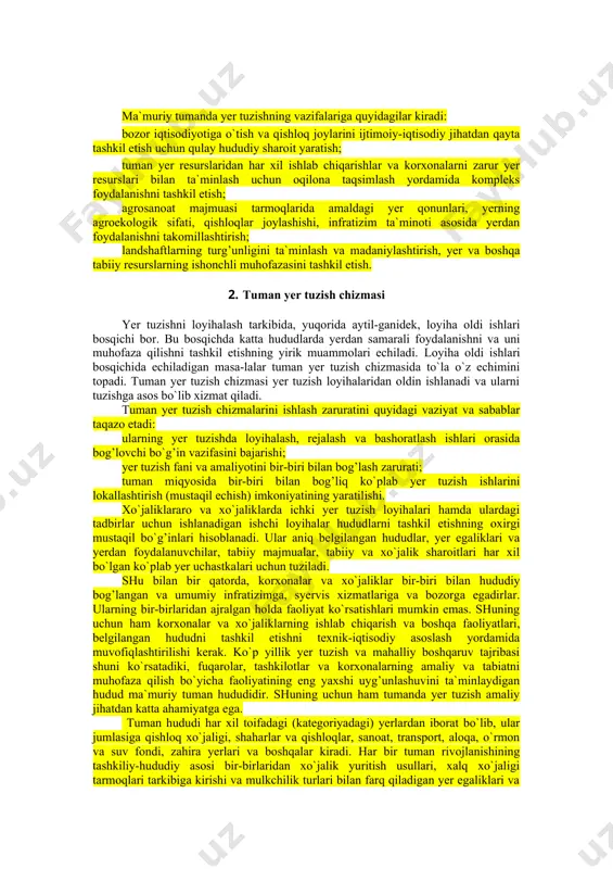 uhofaza qilishni tashkil etish, tumanda yer munosabatlarini tartibga solish, xo`jalik va tashkilotlarning hududlarini tuzish, tabiiy landshaftlarni madaniylashtirish bo`yicha tadbirlar tizimi va ijtimoiy, iqtisodiy, ekologik jarayondir. bu tizim xo`jaliklararo va xo`jaliklarda ichki yer tuzishni, loyiha oldi va texnik-iqtisodiy asoslash ishlarini muvofiqlashtiradi. mamlakatimizda o`tkazilayotgan agrar islohotlar davrida bajariladigan ishlarni tartibga solish zarurati tumanda yer tuzishning ahamiyatini va boshqarishning, xo`jalik yuritishning va tabiatni muhofaza etishning yer tuzish ishlari bilan bog’liqlik darajasini oshiradi. tumanda yer tuzishning asosiy maqsadi samarali yer egaliklari va yerdan foydalanuvchilar tizimini yaratish, ishlab chiqarish korxonalarini hududiy tashkil etish va joylashtirish, tabiatni muhofaza qilish bo`yicha tadbirlarni oqilona amalga oshirish hisoblanadi. ma`muriy tumanda yer tuzishning vazifalariga quyidagilar kiradi: bozor iqtisodiyotiga o`tish va qishloq joylarini ijtimoiy-iqtisodiy jihatdan qayta tashkil etish uchun qulay hududiy sharoit yaratish; tuman yer resurslaridan har xil ishlab chiqarishlar va korxonalarni zarur yer resurslari bilan ta`minlash uchun oqilona taqsimlash yordamida kompleks foydalanishni tashkil etish; agrosanoat majmuasi tarmoqlarida amaldagi yer qonunlari, …