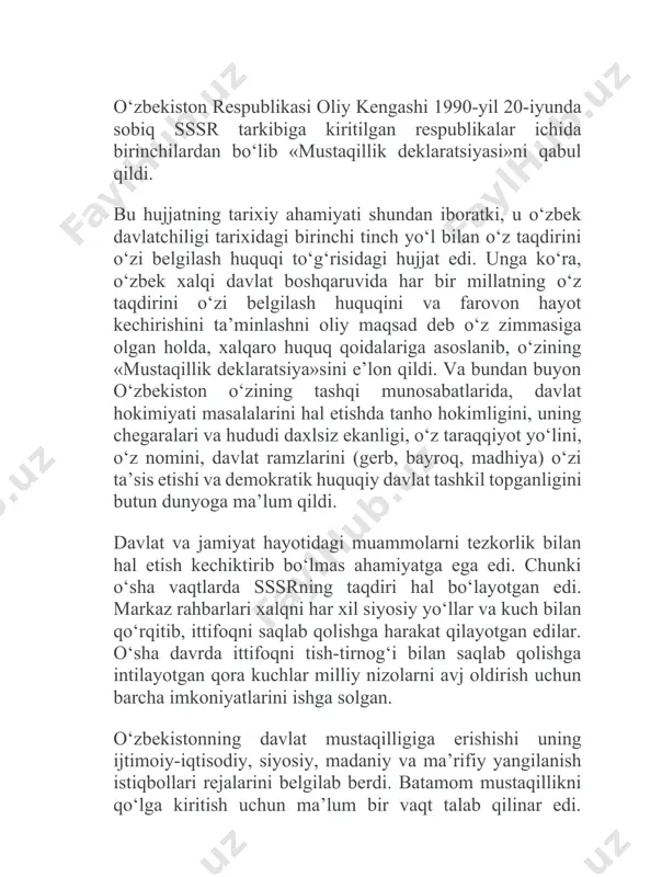 ssr o‘zining taraqqiyot yo‘lini, o‘z nomini belgilaydi va davlat belgilarini (gerb, bayroq, madhiya) o‘zi ta’sis etadi. 9. qoraqalpog‘iston muxtor sovet sotsialistik respublikasi mustaqilligini muxtor respublika konstitutsiyasi ta’min etadi. o‘zbekiston ssr uning asosiy qonuni va o‘zbekiston ssr konstitutsiyasi asosida qoraqalpog‘iston mssr manfaatlarini himoya qiladi. 10. o‘zbekiston ssrning qonun chiqaruvchi hokimiyati o‘zbekiston ssr davlat mustaqilligini amalga oshirish uchun zarur bo‘lgan qonunlarni ishlab chiqadi. o‘zbekiston ssrning siyosiy va iqtisodiy sistemalari tarkibini va qurilishini belgilaydi. 11. o‘zbekiston ssr oliy soveti umumxalq muhokamasi asosida demokratik huquqiy davlat tuzishga qaror qilganini bildiradi, o‘zbekiston ssrda yashayotgan barcha millat va elatlarning qonuniy siyosiy, iqtisodiy, etnik, madaniy huquqlariga hamda ona tillari rivojlantirilishiga kafillik beradi. 12. ushbu deklaratsiya o‘zbekiston ssrning yangi konstitutsiyasini hamda yangi ittifoq shartnomasini ishlab chiqish uchun asosdir. xulosa 1966-yildan e’tiboran islom abdug‘aniyevich o‘zbekiston davlat reja qo‘mitasida fan bo‘limi bosh mutaxassisligidan qo‘mita raisining birinchi o‘rinbosari lavozimigacha bo‘lgan yo‘lni bosib o‘tdi. 1983-yilda moliya vaziri, 1986-yilda ministrlar kengashi raisi o‘rinbosari …