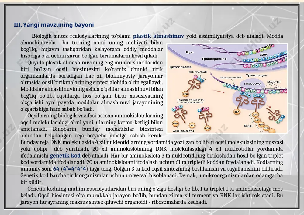 iladi. (61 ta) · oqsil biosintezi ………………… kechadi. (ribosomalarda) v. o’quvchilar bilimini baholash va rag’batlantirish o’quvchilarni darsdagi ishtirokiga qarab ballar qo’yilad va rag’batlantiriladi. 28 § mustaqil ravishda o’qish. mavzuga oid biologik atamalarni yod olish vi. uyga vazifa продажи [имя категории] [значение] [процент] [имя категории] [значение] [процент] [имя категории] [значение] [процент] suv kislorod organik modda mineral tuz 2.1 0.86 0.81 0.1 image7.jpg image8.jpeg image9.png image10.png image11.png image12.png image13.png image14.png __________microsoft_excel.xls image15.png image16.png image17.png image18.gif image19.png image2.jpeg image3.png image4.png image5.png image6.png