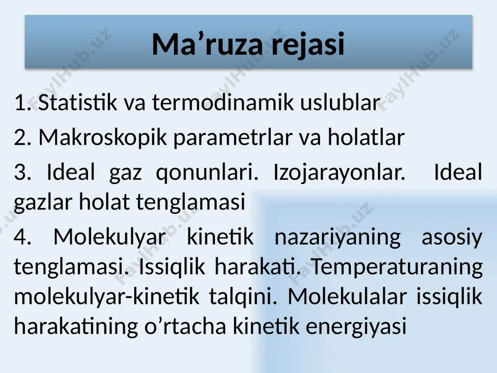 2 marta kattaligini ko’rsatadi yoki 1 m.a.b. аvogardo soni istalgan moddaning bir molida nechta atom (molekulа) borligini ko’rsatadi. 6 моlekulyar – kinetik tasavvurlar modda miqdori:  (mol) – massasi gramlarda son jihatidan nisbiy massaga teng bo’lgan modda miqdoridir istalgan moddaning 1 moli 0,012 kilogram ugleroddagi atomlar soniga teng atom yoki molekulalarga ega bo’ladi 7 моlekulyar – kinetik tasavvurlar моlyar massa – bir mol moddaning massasidir bitta atomga to’g’ri keluvchi а chiziqli o’lcham nisbiy molyar massasini molyar massaga bog’liqligi 8 теmperatura temperatura – moddaning isitilganlik darajasini ko‘rsatuvchi fizikaviy kattalikdir va makroskopik tizimning termodinamik muvozanat holatini xarakterlaydi termodinamik temperatura shkalasi bitta reper nuqta bilan aniqlanadi – bu suvning gaz, suyuqlik va qattiq fazaviy holati bilan bog‘liq uchlik nuqtasidir. termodinamik temperatura shkalasida bu reper nuqta 273,16 k ga tengdir. 1 kelvin suvning uchlik nuqtasi termodinamik temperaturasining 1/273,16 qismiga tengdir таbiatda absolyut noldan past temperatura bo’lmaydi! 9 selsiy shkalasi absolyut temperatura suv qaynaydi muz …