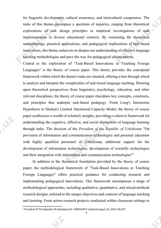 rs researchers and educators to investigate, innovate, and disseminate best practices in language education. in conclusion, the introductory part of the subject "task-based innovations in teaching foreign languages" serves as a compass, guiding readers through the interconnected realms of coursework relevance, scientific research purpose, theme tasks, course paper theory, and methodological framework. by illuminating the significance of course work, highlighting the purpose of scientific research, delineating the tasks of the theme, elucidating the theory of course paper, and outlining the methodological framework, this introduction sets the stage for a comprehensive exploration of task-based innovations in language education. through collaborative inquiry, reflective practice, and pedagogical innovation, we embark on a journey toward transformative language teaching and learning experiences. chapter 1: introduction to innovations in teaching foreign languages 1.1. overview of innovations in language teaching the topic of "innovations in language teaching" encompasses the exploration, development, and application of new approaches, methodologies, …