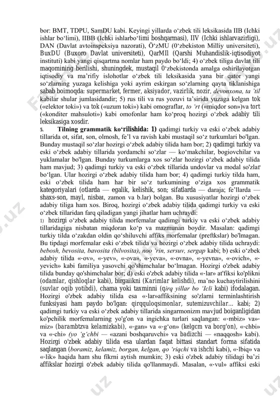 h tovushlarning so'z oxirida qatorlashib kelishi juda kam uchraydi: qirq, alp («mergan ovchi»), art («yelka») kabi. eski o'zbek tilida undosh tovushlarning so'z oxirida qatorlashib kelishi biroz ko'paygan (fors- tøjik va arab tillaridan so'z o'zlashtirish hisobiga): do‘st (forscha o'zlashma), hamd (arabcha o'zlashma: «maqtov»), g‘isht (tojikcha o'zlashma), go ‘sht (tojikcha o'zlashma) kabi. hozirgi o'zbek adabiy tilida bo'g'in yoki so'z oxirida ikki 5 qarang: abduazizov a. o'zbek tili fonologiyasi va morfonologiyasi. - t.: «0'qituvchi», 1992, 19-20-b. undoshning qatorlashib kelishi ms tili orqali o‘zlashgan so‘zlar hisobiga ancha ko'paygan: boks, kodeks, kori, iks kabi; f) qadimgi turkiy va eski o'zbek tillarida so‘z oxirida ikkita bir xil undoshning qavatlanishi (geminatsiya) bo‘lmagan. hozirgi o‘zbek adabiy tilida esa ikkita bir xil undoshning so‘z oxirida qavatlanishi uchrab turadi: gramm, klass, vatt, ball kabi ruscha-baynalmilal o‘zlashmalar buning dalilidir; g) qadimgi turkiy tilda so‘zning birinchi bo‘g‘inidan keyingi bo'g'inlari faqat undosh bilan boshlangan: o-na, o-ta, o-g‘a, i-ni, bo-la kabi. bu hoi so‘z …