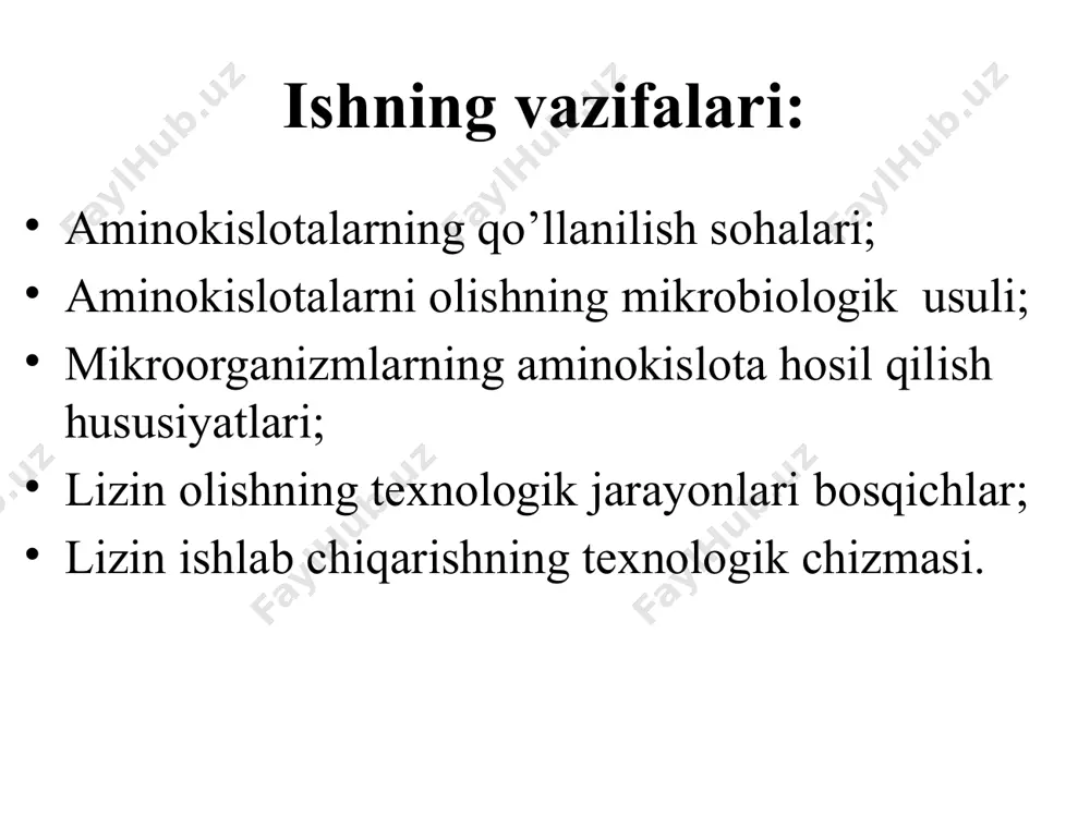 ishlab chiqarish texnologiyalari qo’llash o’ta dolzarb va iqtisodiy samarador, olingan aminokislota xaridorgir bo’lib, ushbu ishlab chiqarish mahsulotlari sifati jixatidan xamda barcha texnokimyoviy ko’rsatkichlari asosida gost va tu talablariga to’liq javob beradi. lizin aminokislotalarini olishda fermentyor xisobi texnologiyasi asosida olingan lizin aminokislotasi iqtisodiy samarador, sarf xarajatlarga nisbatan ikki xissa foyda berishi xamda bir qator ish o’rinlarini yaratishga sabab bo’ladi. e’tiboringiz uchun raxmat !!! image1.png image2.jpeg image3.jpeg image4.jpeg image5.png image6.emf image7.emf image8.emf