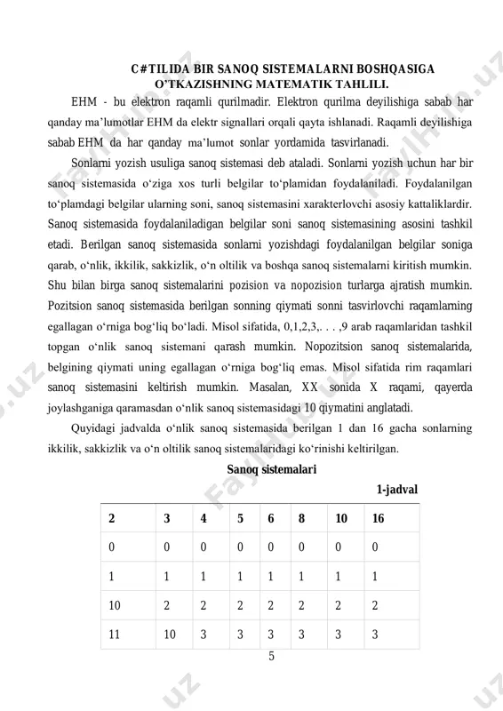 rim raqamlari sanoq sistemasini keltirish mumkin. masalan, xx sonida x raqami, qayerda joylashganiga qaramasdan o‘nlik sanoq sistemasidagi 10 qiymatini anglatadi. quyidagi jadvalda o‘nlik sanoq sistemasida berilgan 1 dan 16 gacha sonlarning ikkilik, sakkizlik va o‘n oltilik sanoq sistemalaridagi ko‘rinishi keltirilgan. sanoq sistemalari 1-jadval 2 3 4 5 6 8 10 16 0 0 0 0 0 0 0 0 1 1 1 1 1 1 1 1 10 2 2 2 2 2 2 2 11 10 3 3 3 3 3 3 6 100 11 10 4 4 4 4 4 101 12 11 10 5 5 5 5 110 20 12 11 10 6 6 6 111 21 13 12 11 7 7 7 1000 22 20 13 12 10 8 8 1001 100 21 14 13 11 9 9 1010 101 22 20 14 12 10 a 1011 102 23 21 15 13 11 b 1100 110 …