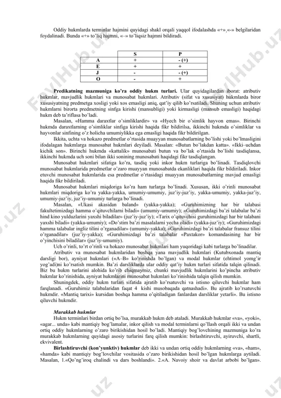 uning formulasi «ba’zi s–p emas» bo’lib, lotincha o harfi bilan belgilanadi. oddiy hukmlarda terminlar hajmi. oddiy hukmlardagi terminlar (s va p) tushunchalar orqali ifodalanganligi tufayli ularning hajmiga ko’ra, o’zaro munosabatlarini aniqlash mumkin. hukmlarda terminlar (s va p) to’liq yoki to’liqsiz hajmda olingan bo’ladi. termin to’liq hajmda olinganda uning hajmi boshqa terminning hajmiga to’liq mos bo’ladi yoki mutlaqo mos bo’lmaydi (ularning hajmi bir-birini istisno qiladi). termin to’liqsiz hajmda olingan bo’lsa, unda uning hajmi boshqasining hajmiga qisman mos keladi yoki undan qisman istisno qilinadi. oddiy hukmlarda terminlar hajmi quyidagicha bo’ladi: 1. a – umumiy tasdiq hukmlarning subyekti hamma vaqt to’liq hajmda olingan bo’ladi. predikati esa ba’zan to’liq, ba’zan to’liqsiz hajmda bo’ladi. masalan, «hamma insonlar tirik mavjudotdir». bu hukmning subyekti – «inson», predikati – «tirik mavjudot» tushunchasidir, «hamma» – umumiylik kvantori. bu hukmning subyekti to’liq hajmda olingan, chunki unda hamma insonlar to’g’risida fikr bildirilgan va bu tushuncha «tirik mavjudot» tushunchasining hajmiga to’liq kirishadi. …