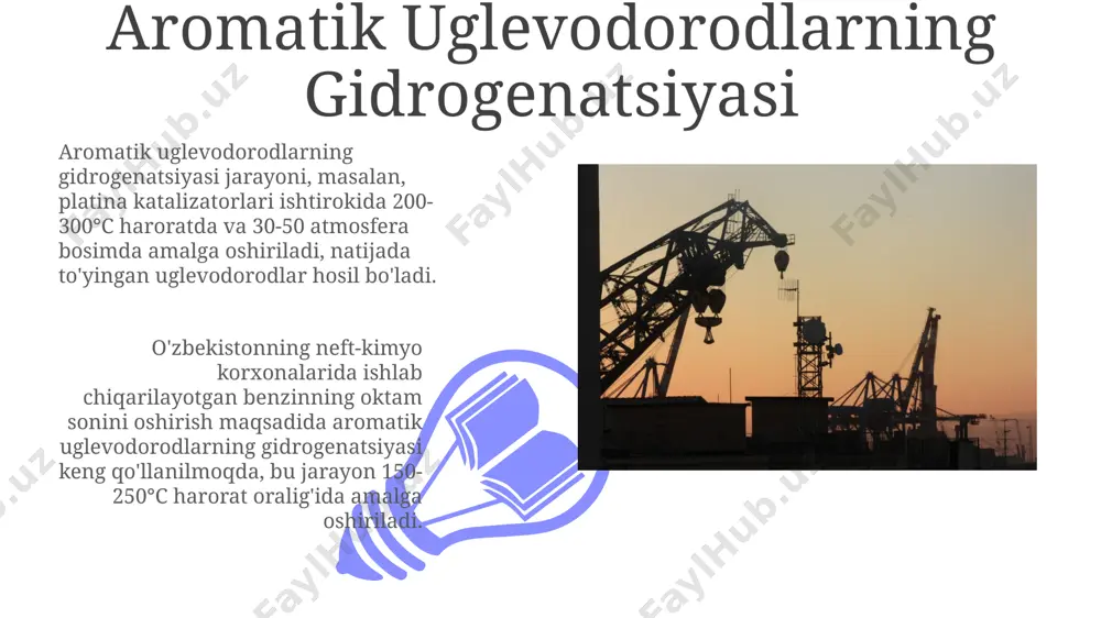 tashkil etadi. alkilatsiya reaksiyalari o'zbekistonning neftni qayta ishlash zavodlarida alkilatsiya reaksiyalari orqali 80 dan ortiq oktan soniga ega bo'lgan alkilat benzin ishlab chiqariladi, bu esa yonilg'i sifatini yaxshilashga xizmat qiladi. alkilatsiya jarayonida, masalan, propan va izobutan aralashmasini 90°c da alyuminiy xlorid katalizatori yordamida qayta ishlash orqali yuqori oktanli benzin komponentlari olinadi. aromatik uglevodorodlarning umumiy ta'rifi neft tarkibidagi aromatik uglevodorodlarning asosiy vakillari – benzol, toluen va ksilen bo'lib, ularning miqdori neftning kelib chiqishi va geografik joylashuviga (masalan, g'arbiy sibir neftlari) qarab 20-40% gacha yetishi mumkin. aromatik uglevodorodlarning molekulalari, odatda, 6 ta uglerod atomlaridan iborat halqalar tuzilishiga ega bo'lib, ularning pi-bog'lanishlari (π-bog‘lanishlar) tufayli yuqori darajada reaktivlikka ega va ko'plab kimyoviy reaksiyalarda ishtirok etadi. neft mahsulotlarida aromatik uglevodorodlarning ahamiyati aromatik uglevodorodlarning yuqori oktan soniga ega boʻlishi (90-100 birlik) tufayli, ular yuqori sifatli avtomobil benzini ishlab chiqarishda muhim rol oʻynaydi, shu bilan birga, surxondaryo viloyati neftining yoqilgʻi sifatini yaxshilashda ham qoʻllaniladi. fargʻona vodiysi neftining …